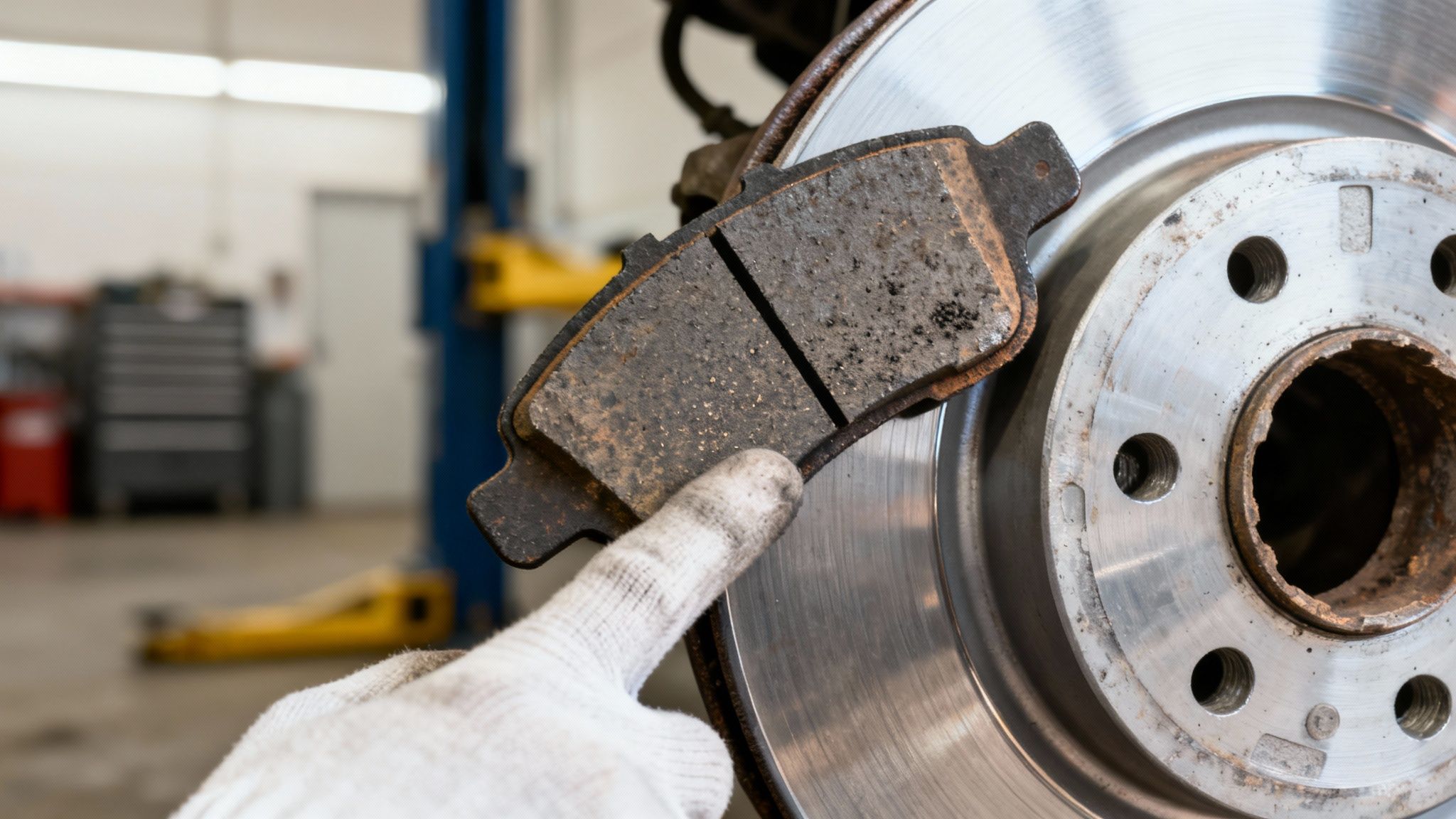 A gloved hand holds a severely worn brake pad next to a car's brake rotor in a garage.