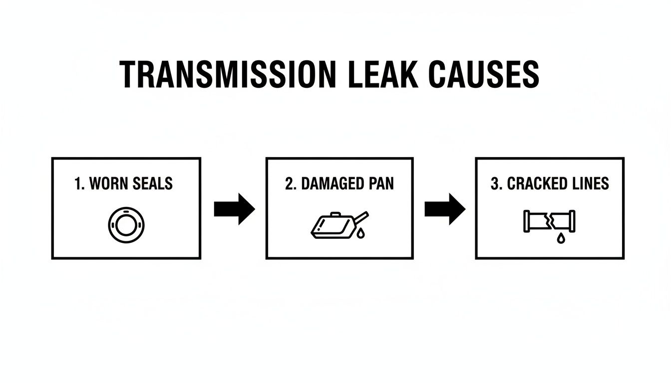 Diagram illustrating three main causes of transmission fluid leaks: worn seals, damaged pan, and cracked lines.