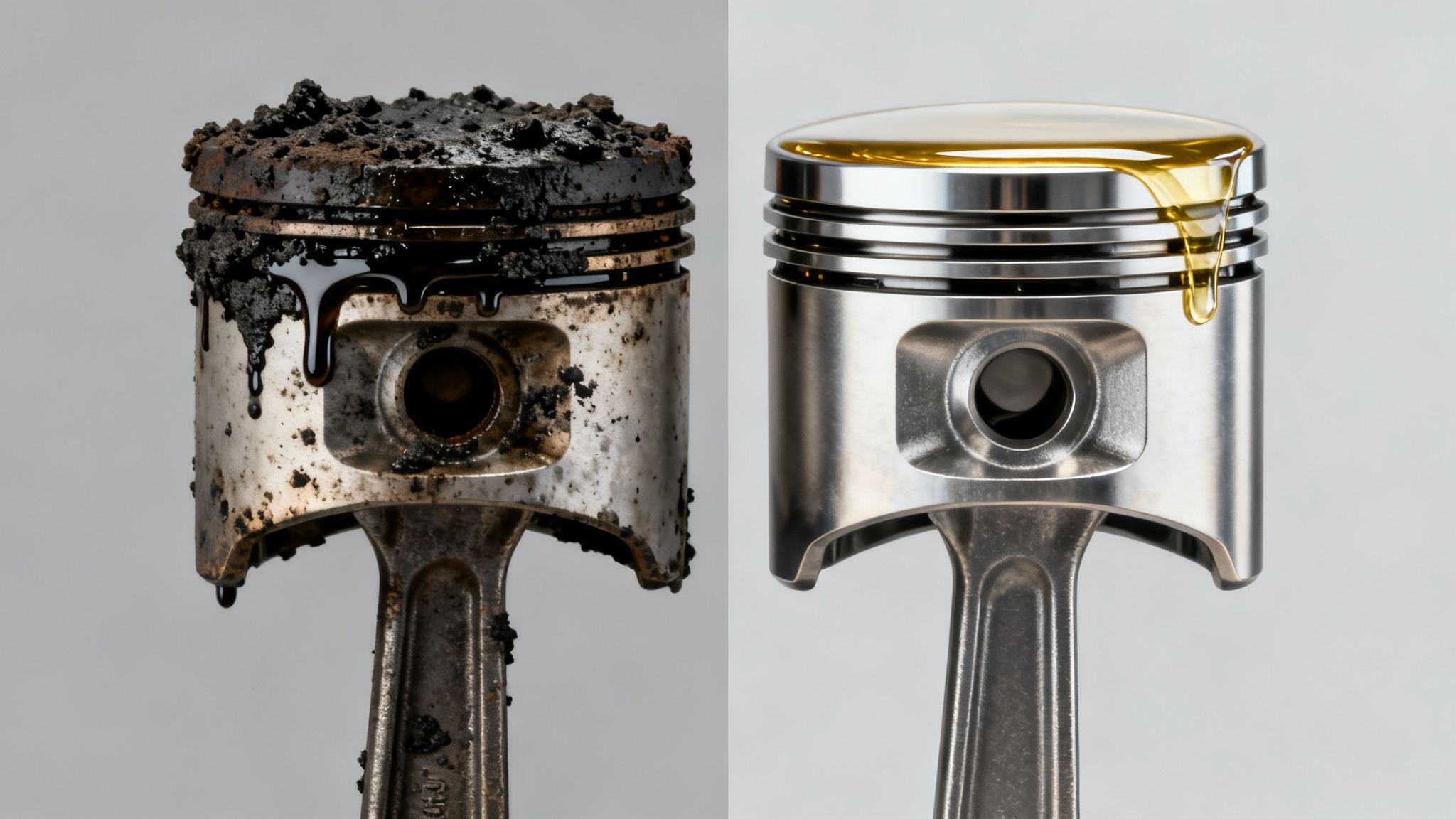 Before and after comparison of a dirty, carbon-clogged engine piston and a clean, lubricated one.