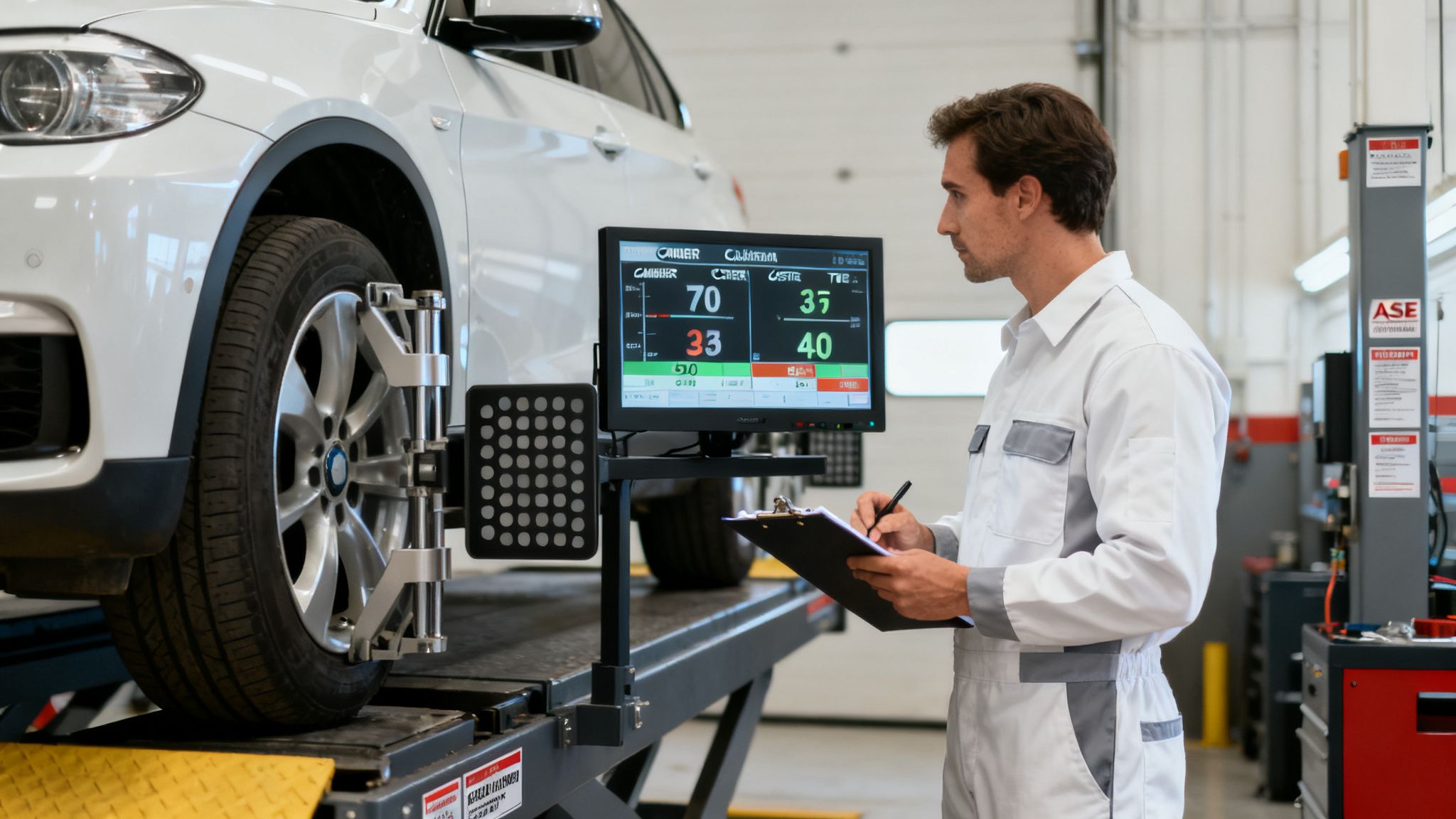 A male mechanic performs wheel alignment on a white car, checking readings on a digital screen.