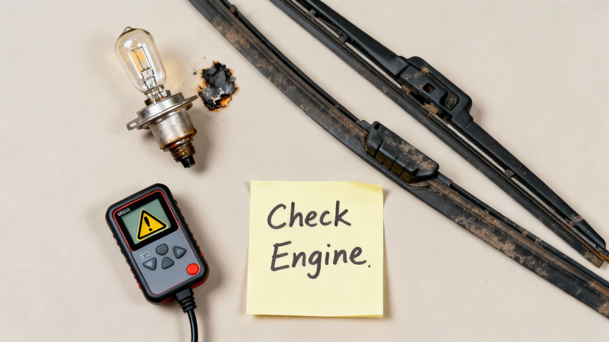 Various car repair items: a burnt light bulb, old wiper blades, an OBD-II scanner with a warning, and a 'Check Engine' note.