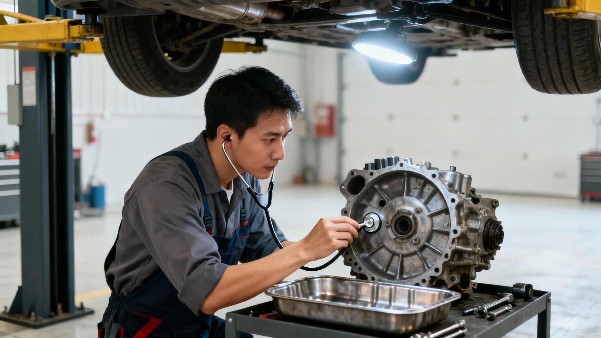 An auto mechanic uses a stethoscope to diagnose a car transmission in a repair shop.