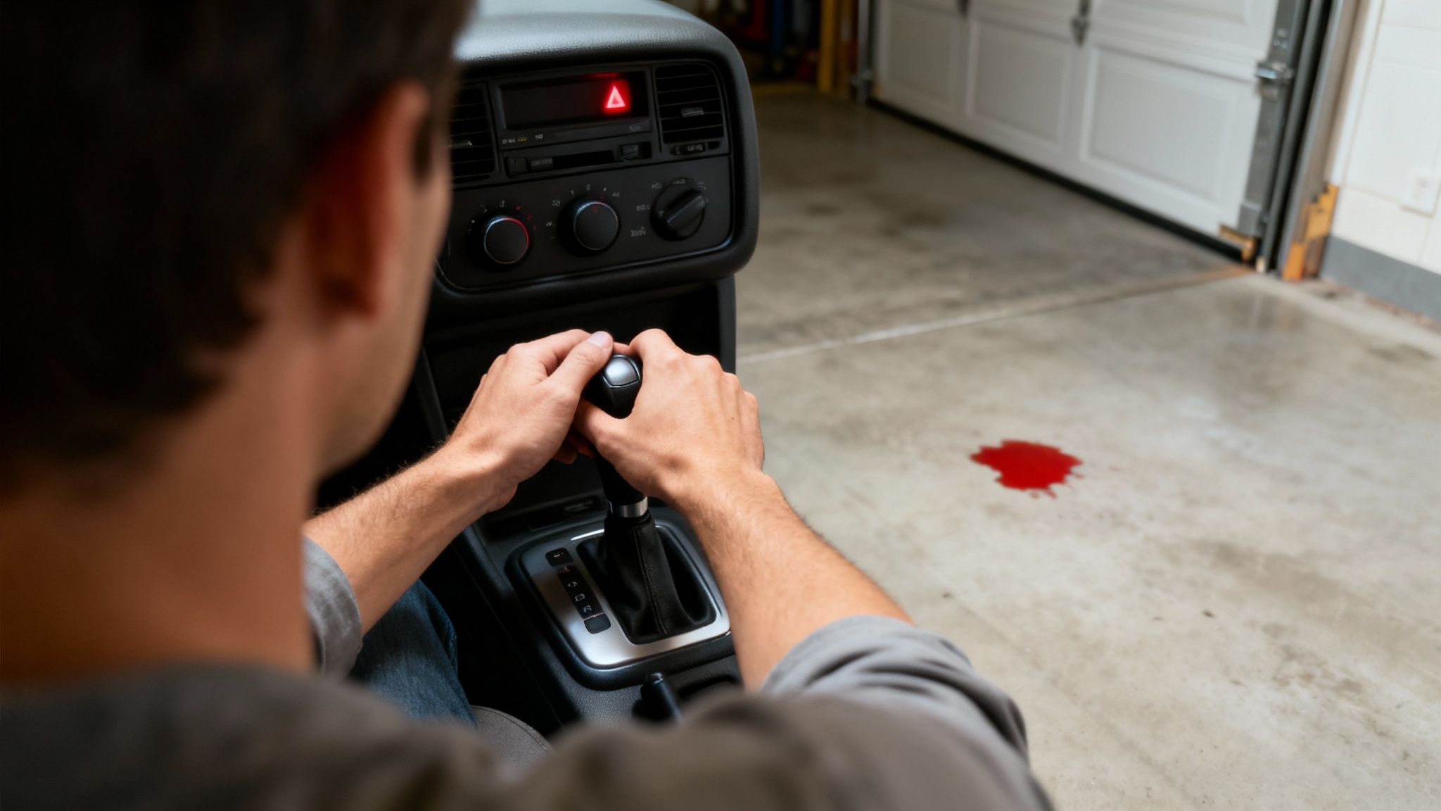 Man in a car with hands on the gear shift, hazard lights on, observing a red fluid leak on the garage floor.