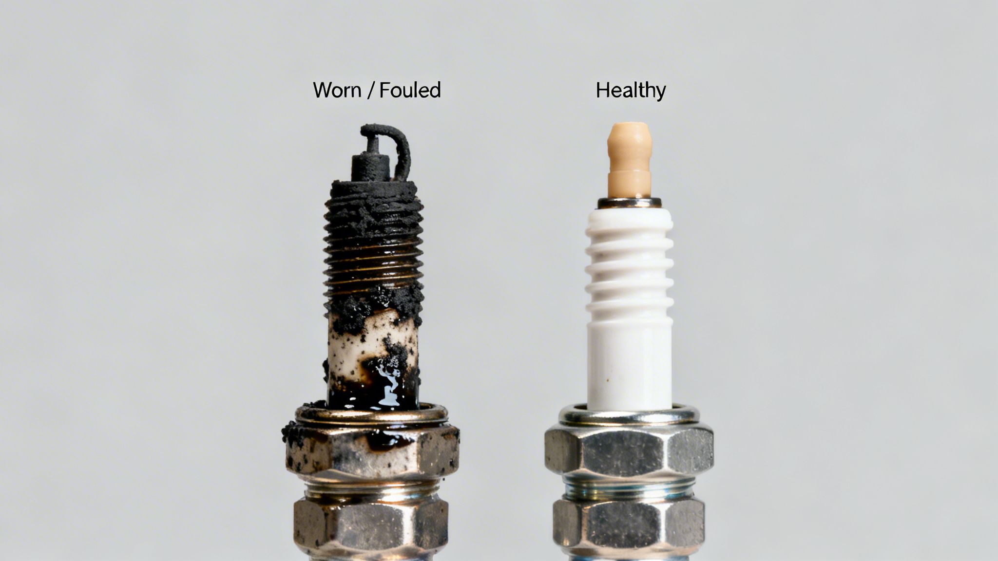 Two spark plugs side by side, one is black and fouled, the other is clean and healthy.