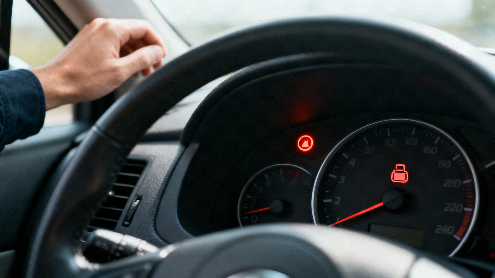 Driver's hand on a car steering wheel, dashboard visible with illuminated red warning lights.