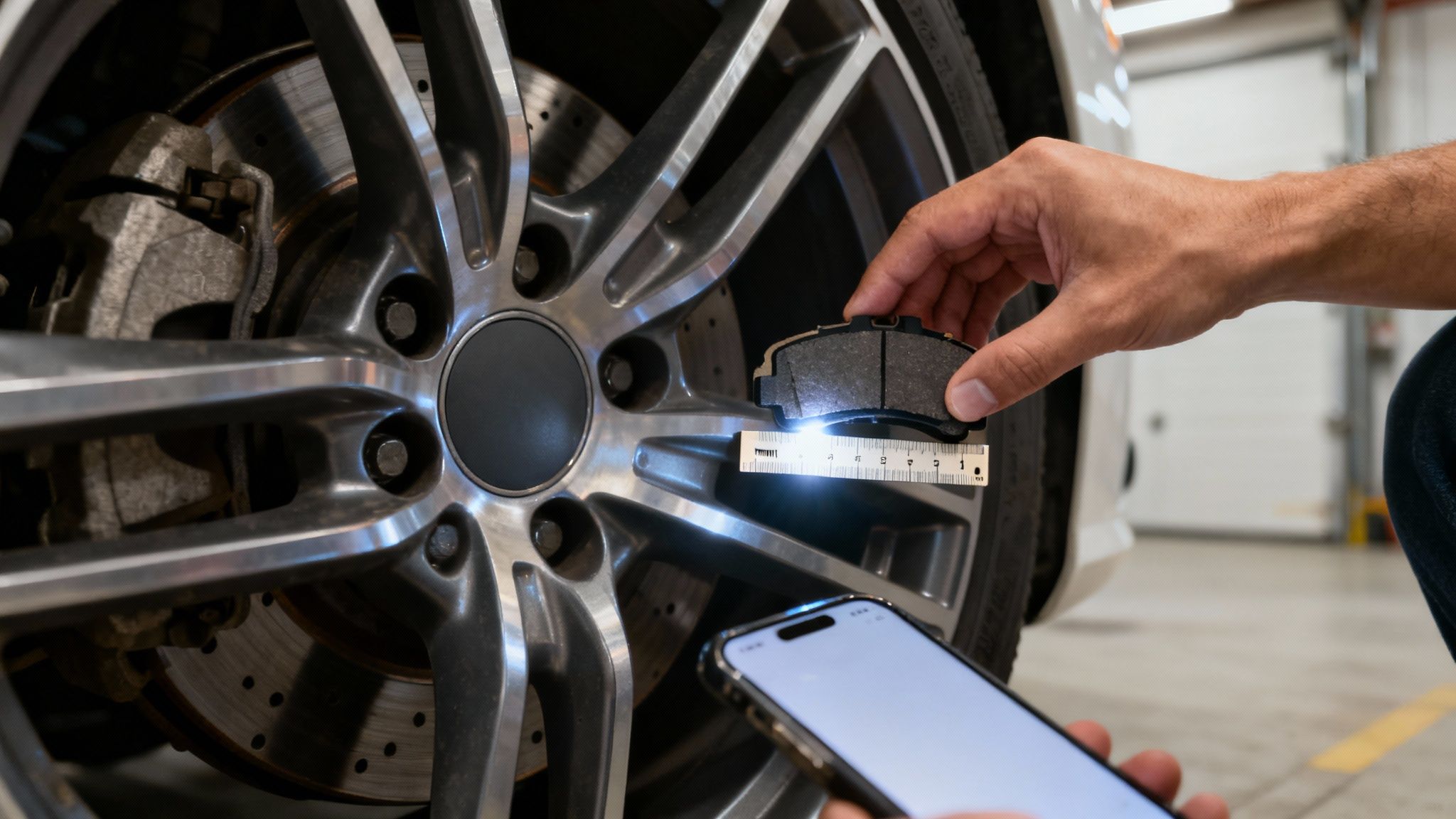 A mechanic uses a ruler to measure the wear on a car's brake pad, with a smartphone nearby.