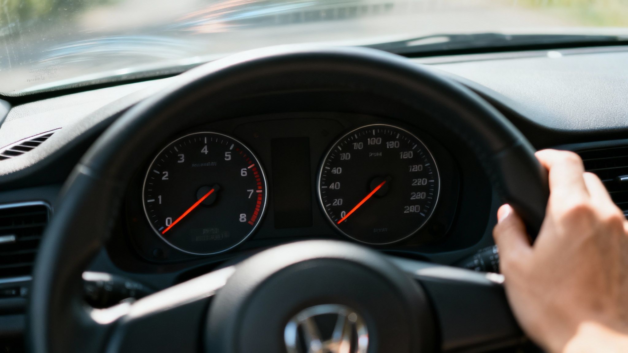 A driver's view of a car's dashboard, steering wheel, and gauges while in motion.