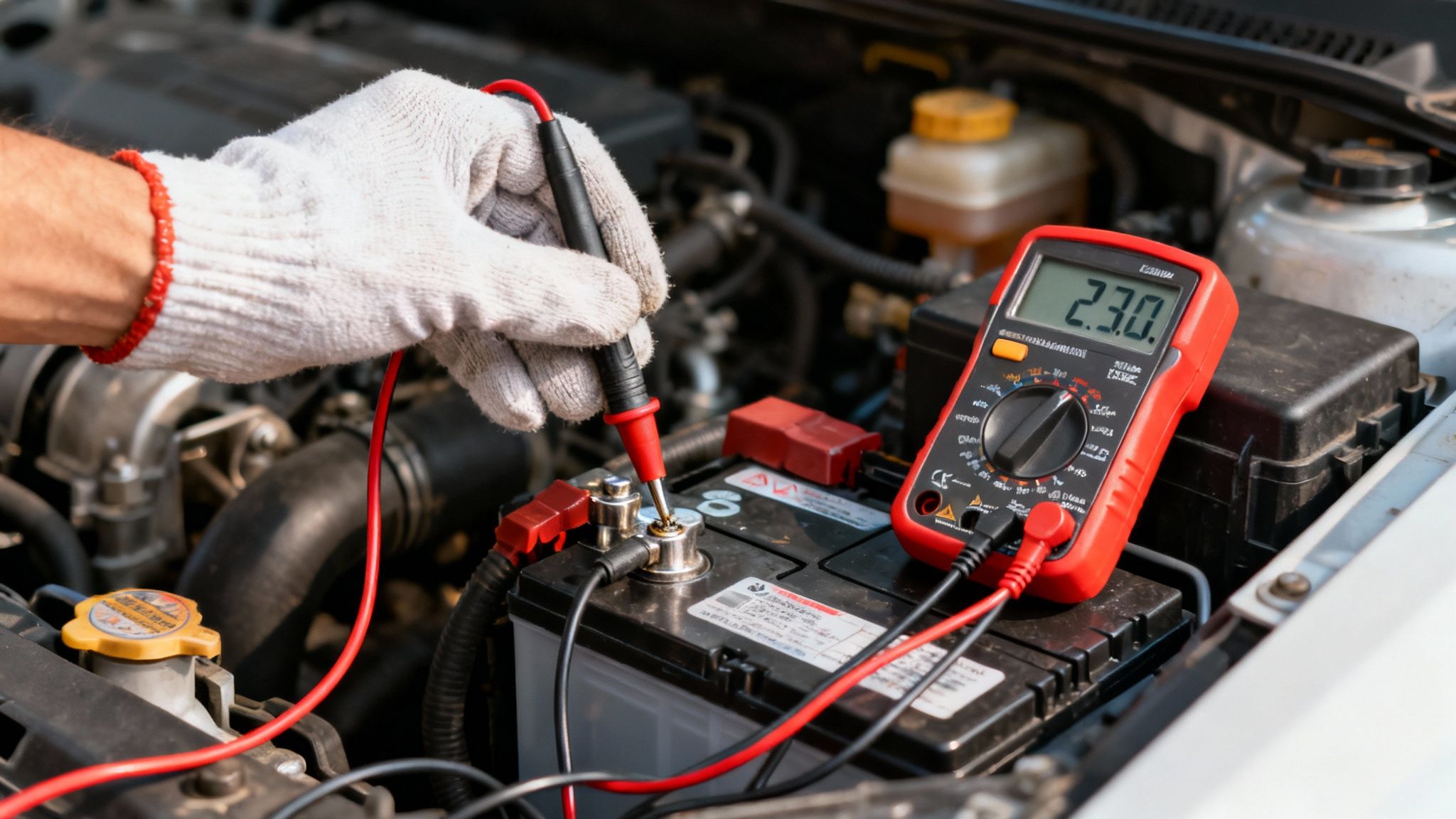 A gloved hand uses a red multimeter to test a car battery, displaying 2.3.0 volts.