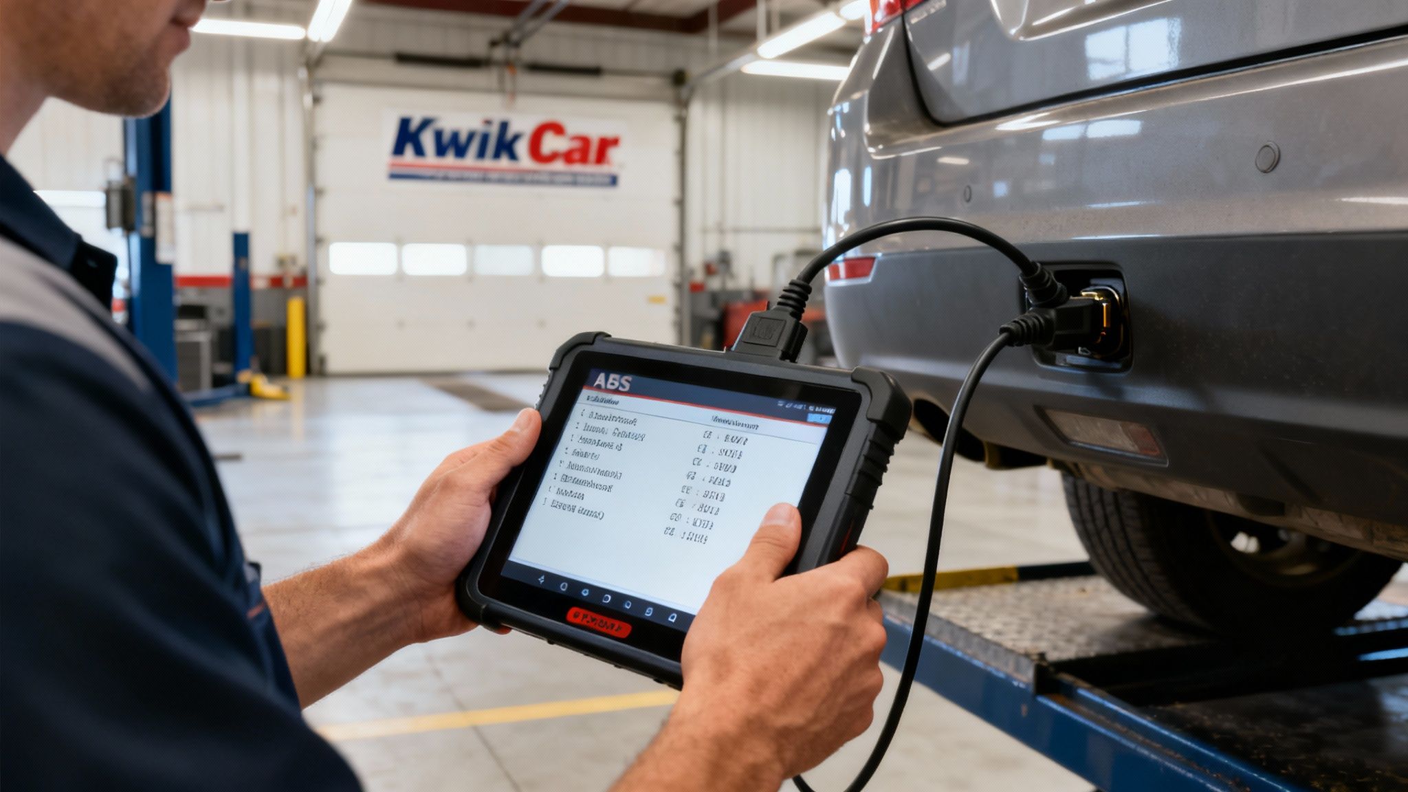 A technician diagnoses a car's ABS system with a tablet in a service center.