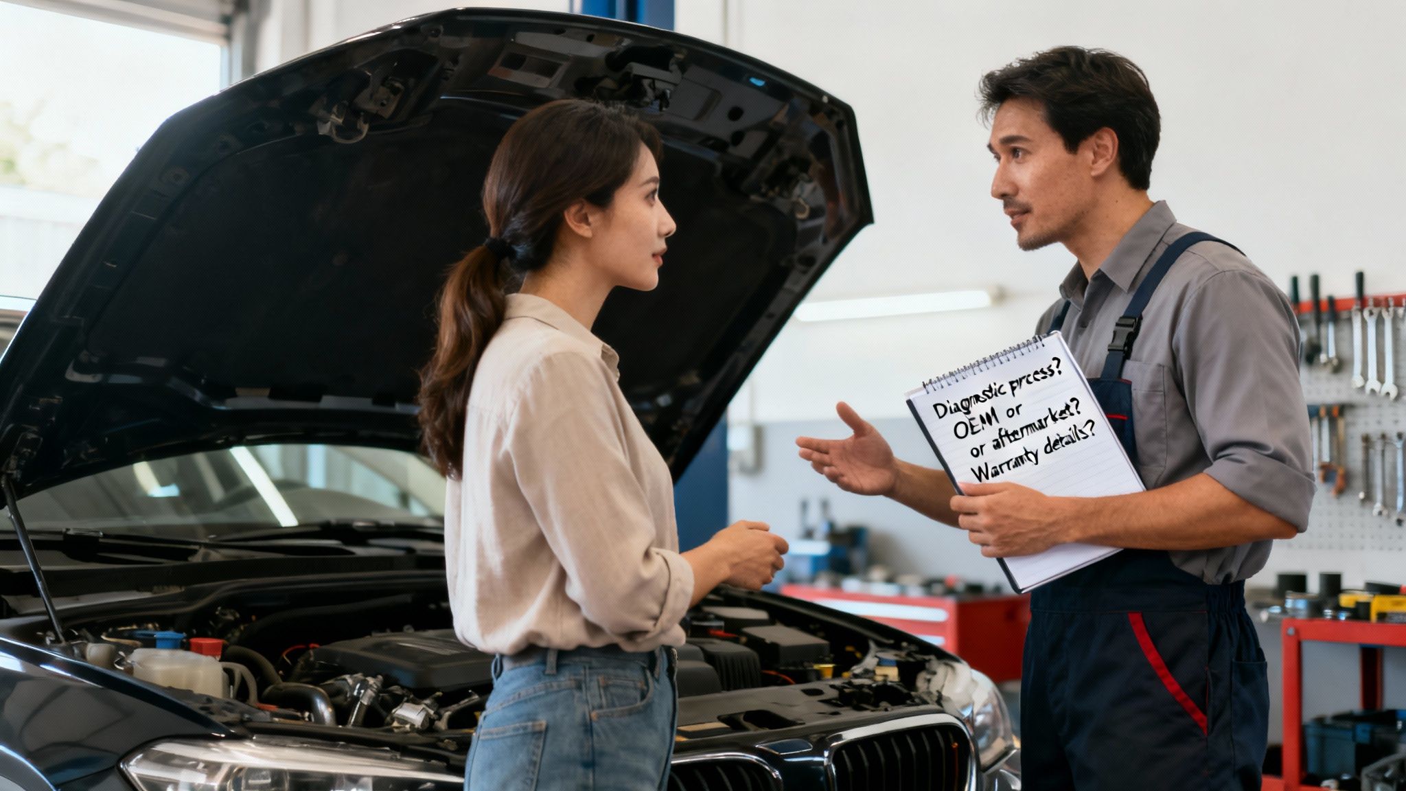 Automotive mechanic explains diagnostic process and repair options to a female customer in a garage.
