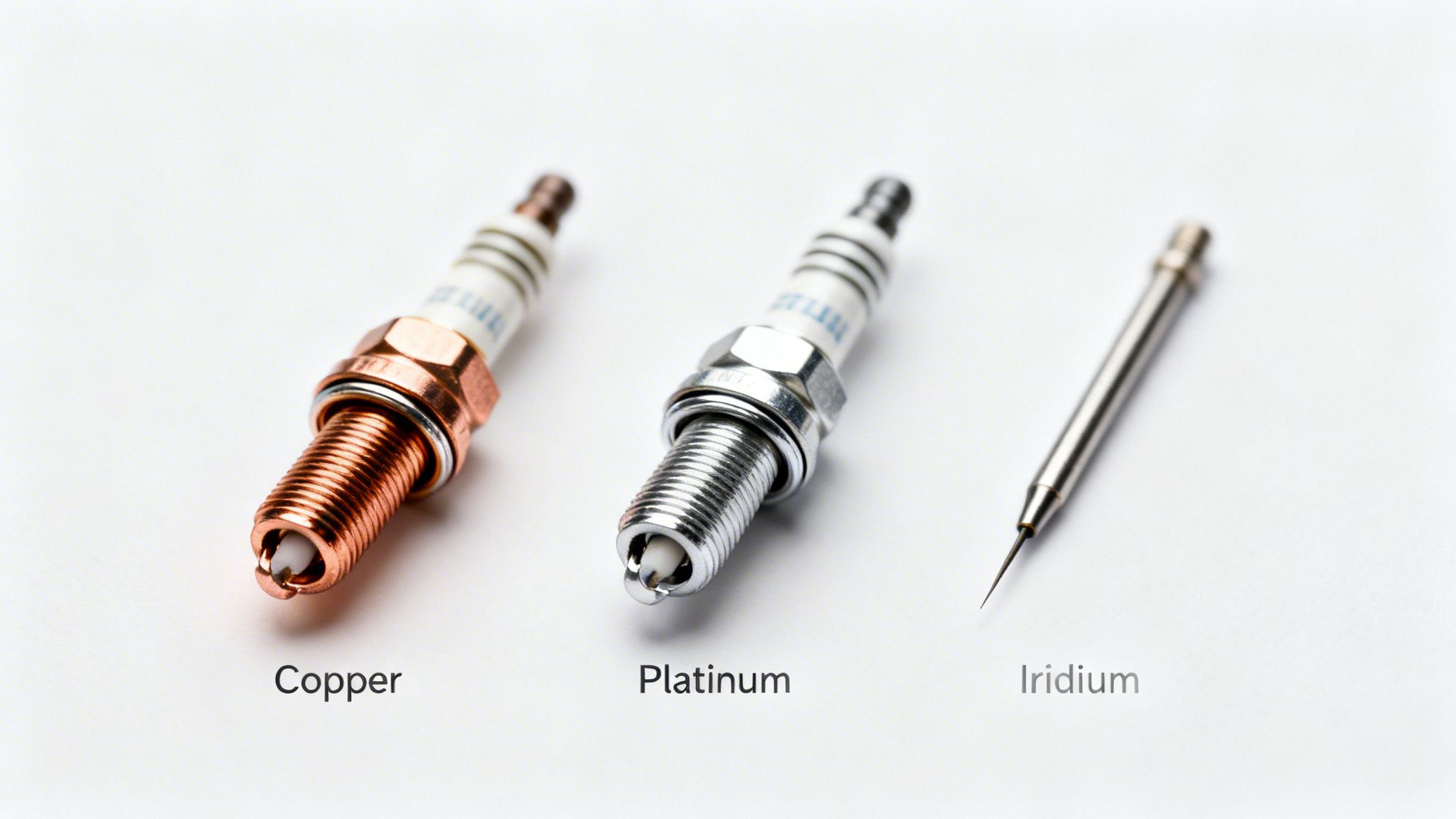 Close-up of three spark plug types: copper, platinum, and an iridium electrode, on a white background.