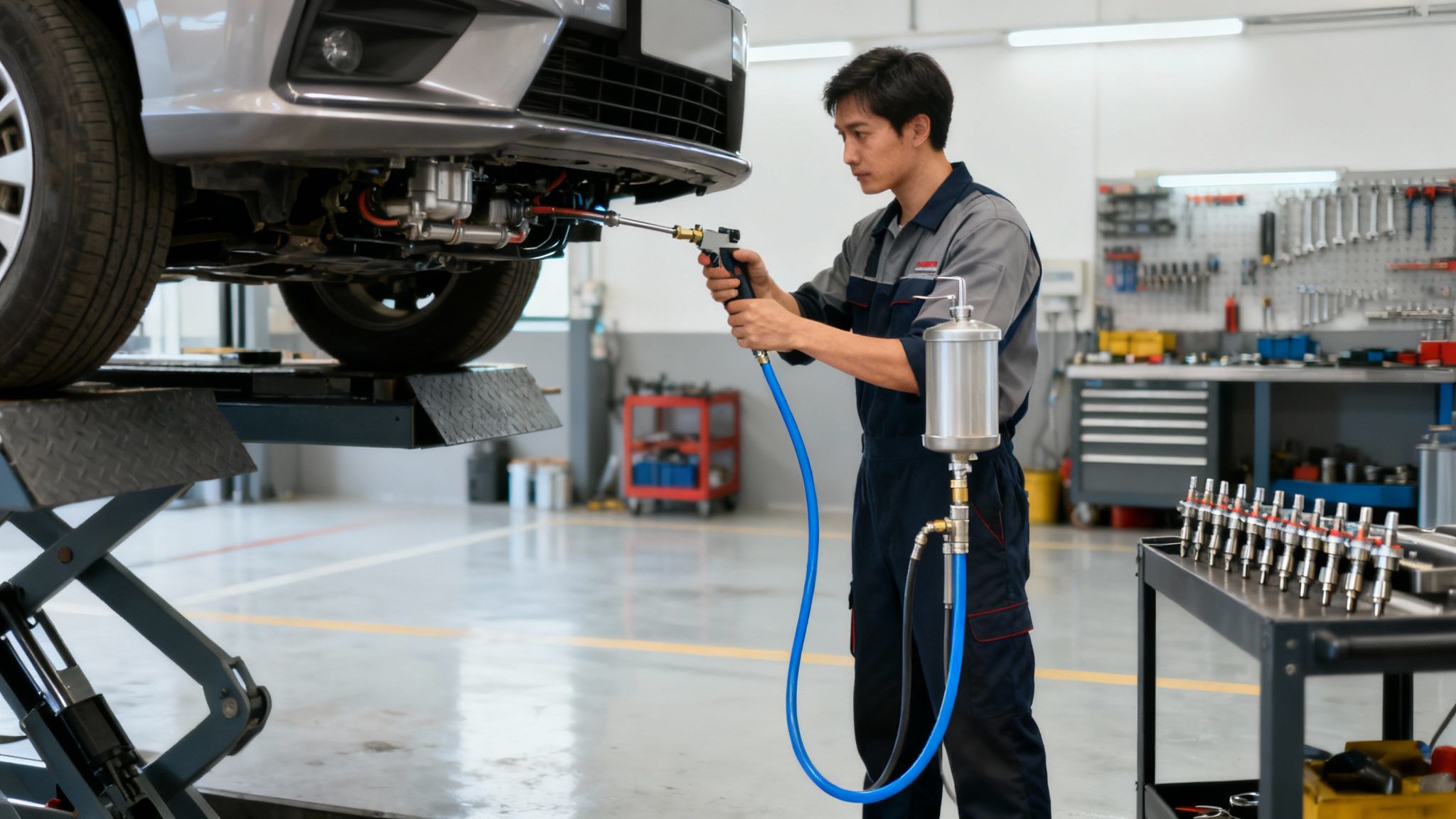 A mechanic uses specialized equipment to clean a car's fuel system on a lift.