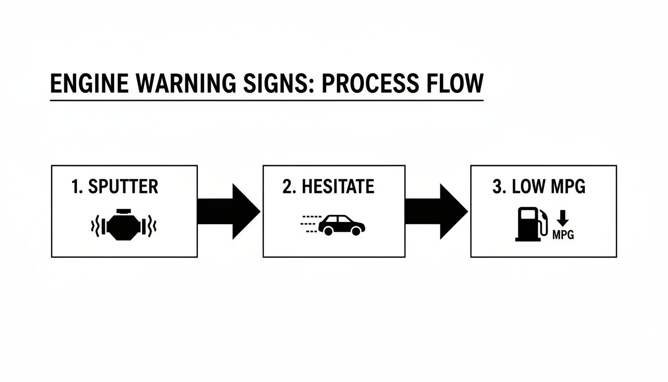 A process flow diagram illustrating engine warning signs: sputter, hesitation, and low miles per gallon.