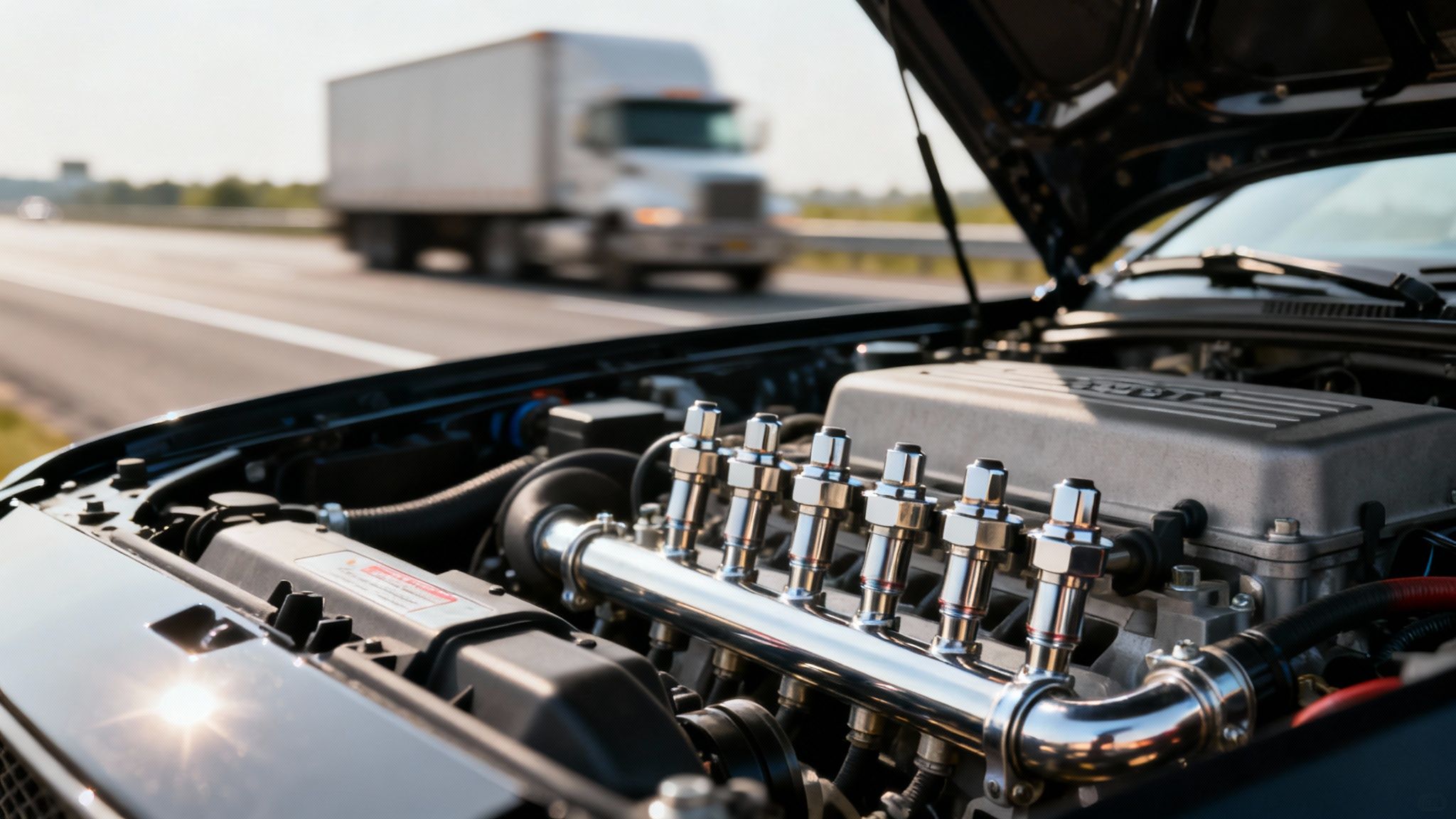 A car with its hood open, revealing a meticulously clean fuel system, by a busy road.