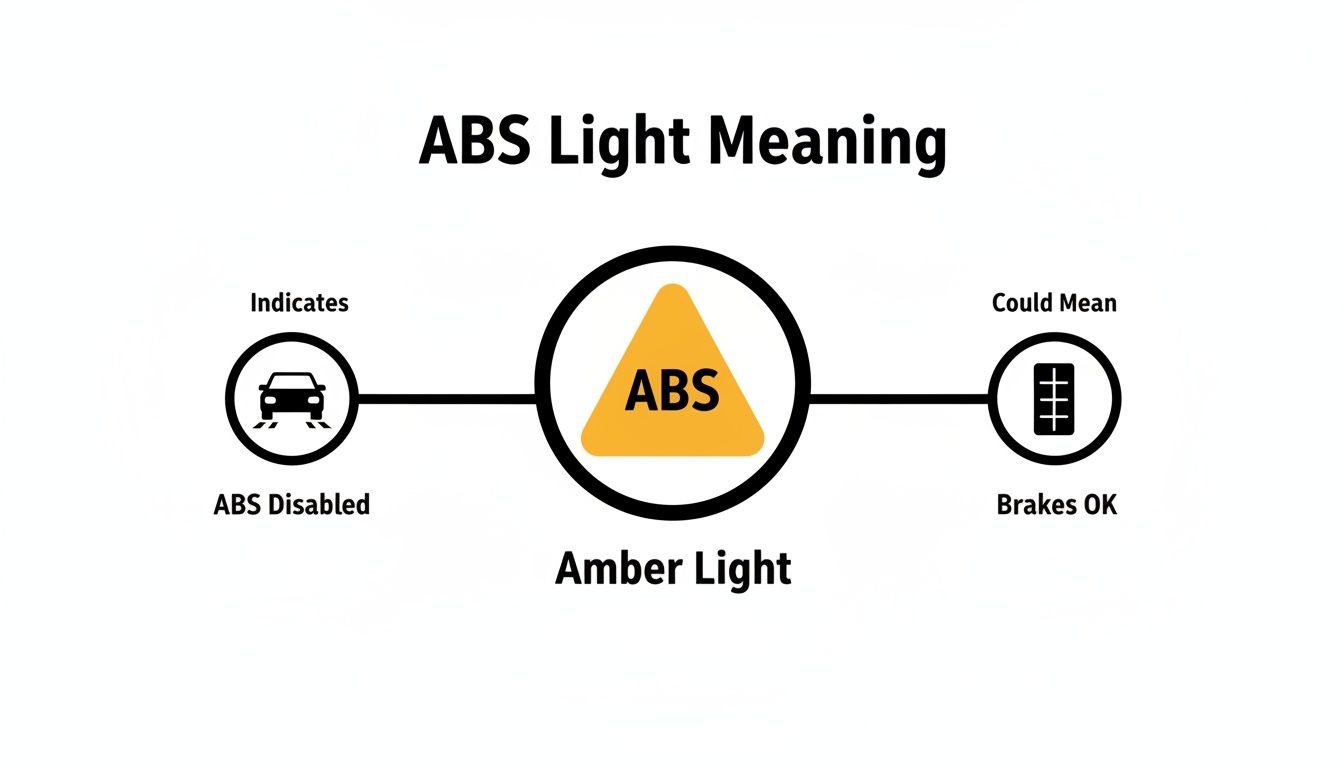 Diagram explaining ABS light meaning: an amber ABS light indicates the ABS is disabled, but brakes are okay.