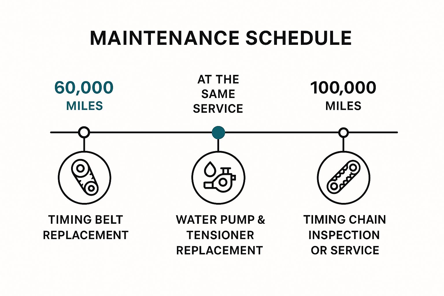 Infographic showing key data about 60,000-100,000 Miles: Timing Belt/Chain Service