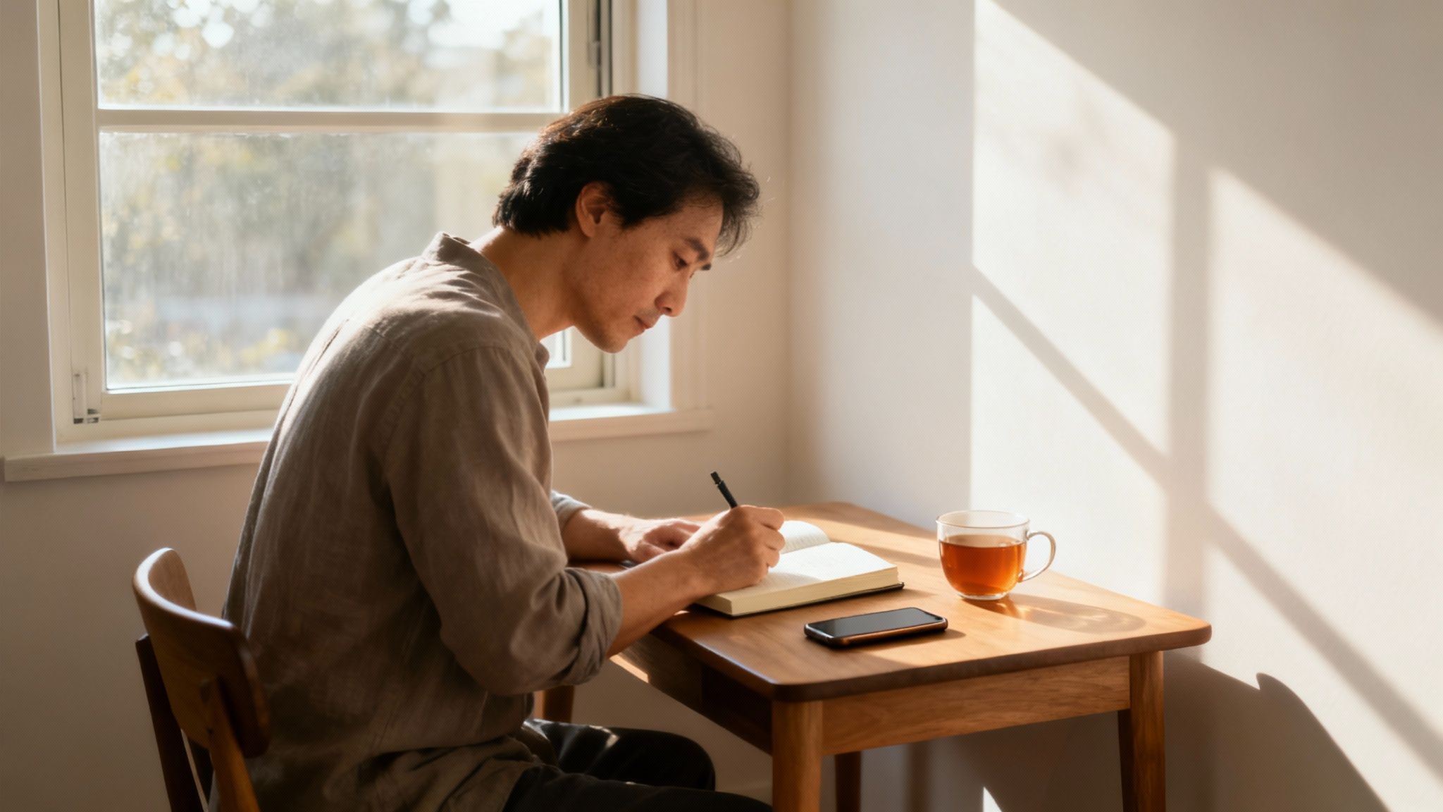 A person journaling in a notebook, symbolizing private processing of emotions.