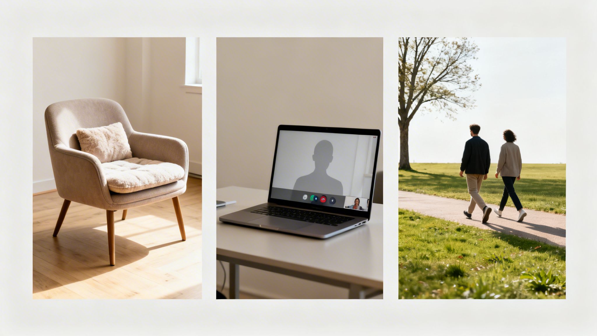 Three panels showing a beige armchair, a laptop with a video call, and two people walking in a park.