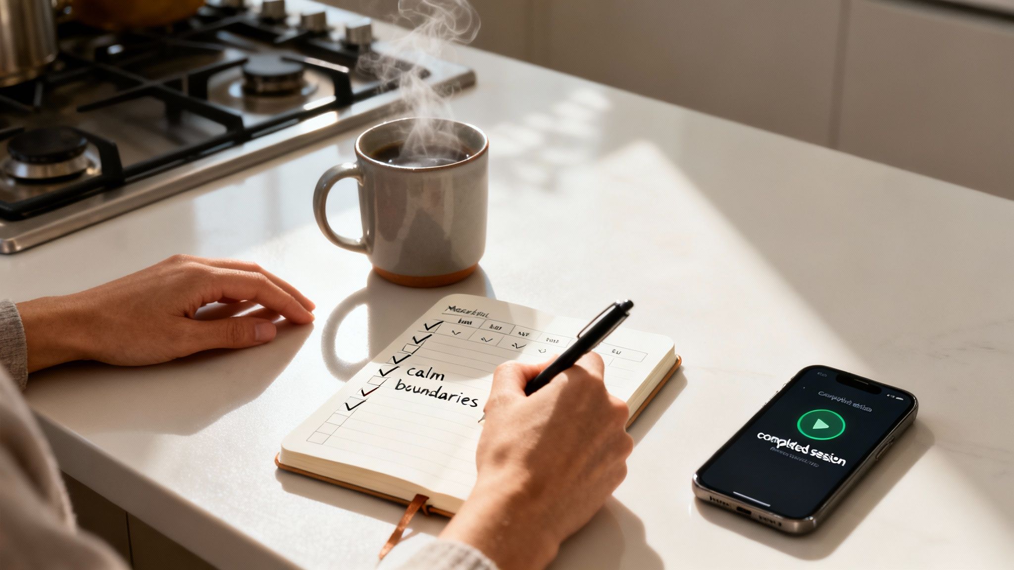 Person writing "calm" and "boundaries" in a notebook next to a steaming coffee and a phone with "completed session".