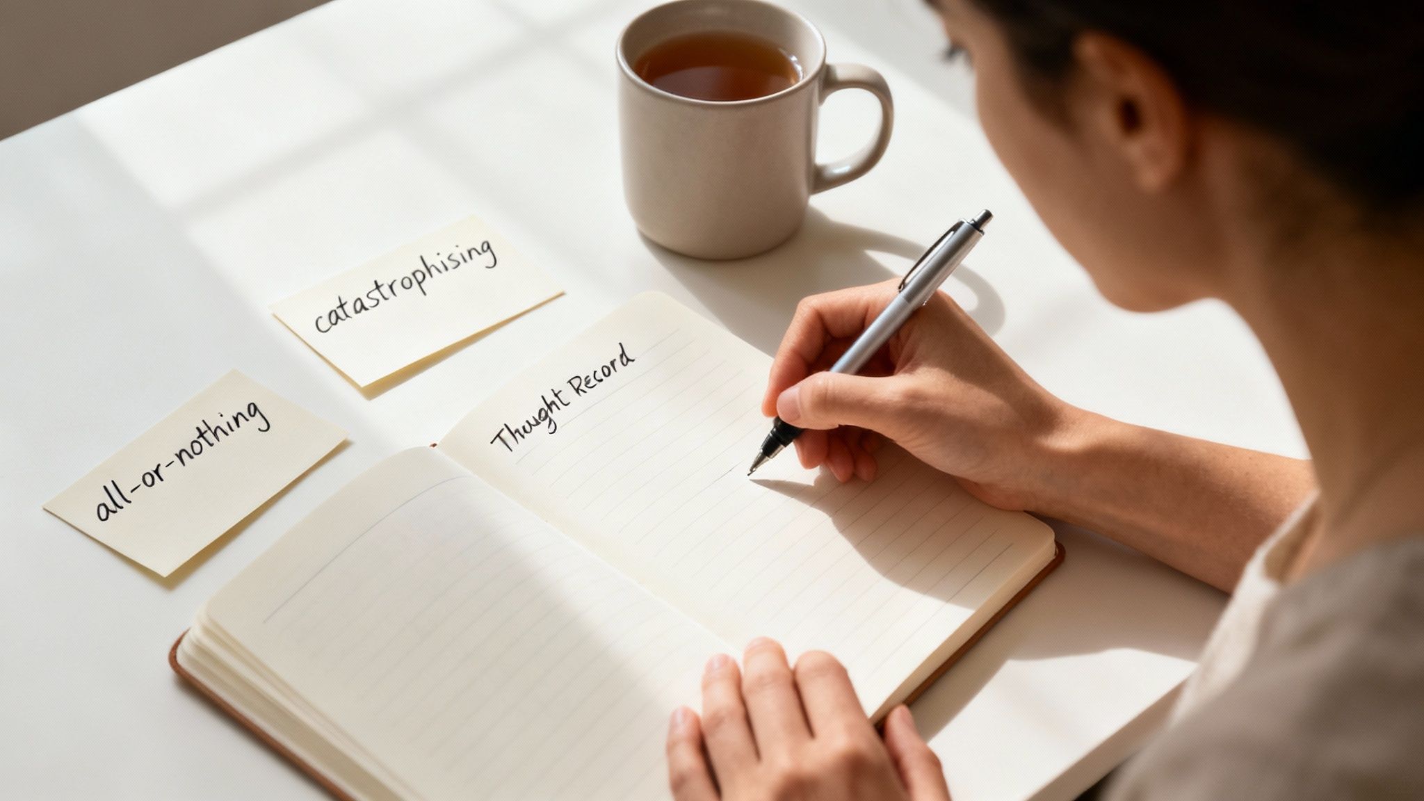 A person sitting calmly at a desk, looking thoughtfully at a notebook with a pen in hand.