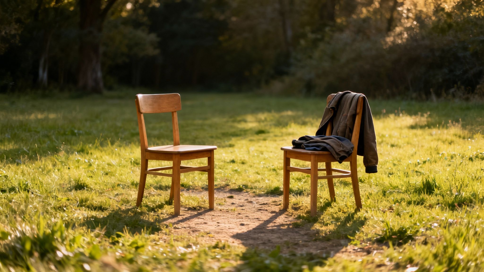 Two wooden chairs in a sunny grassy field, one with a jacket, suggesting a quiet meeting spot.