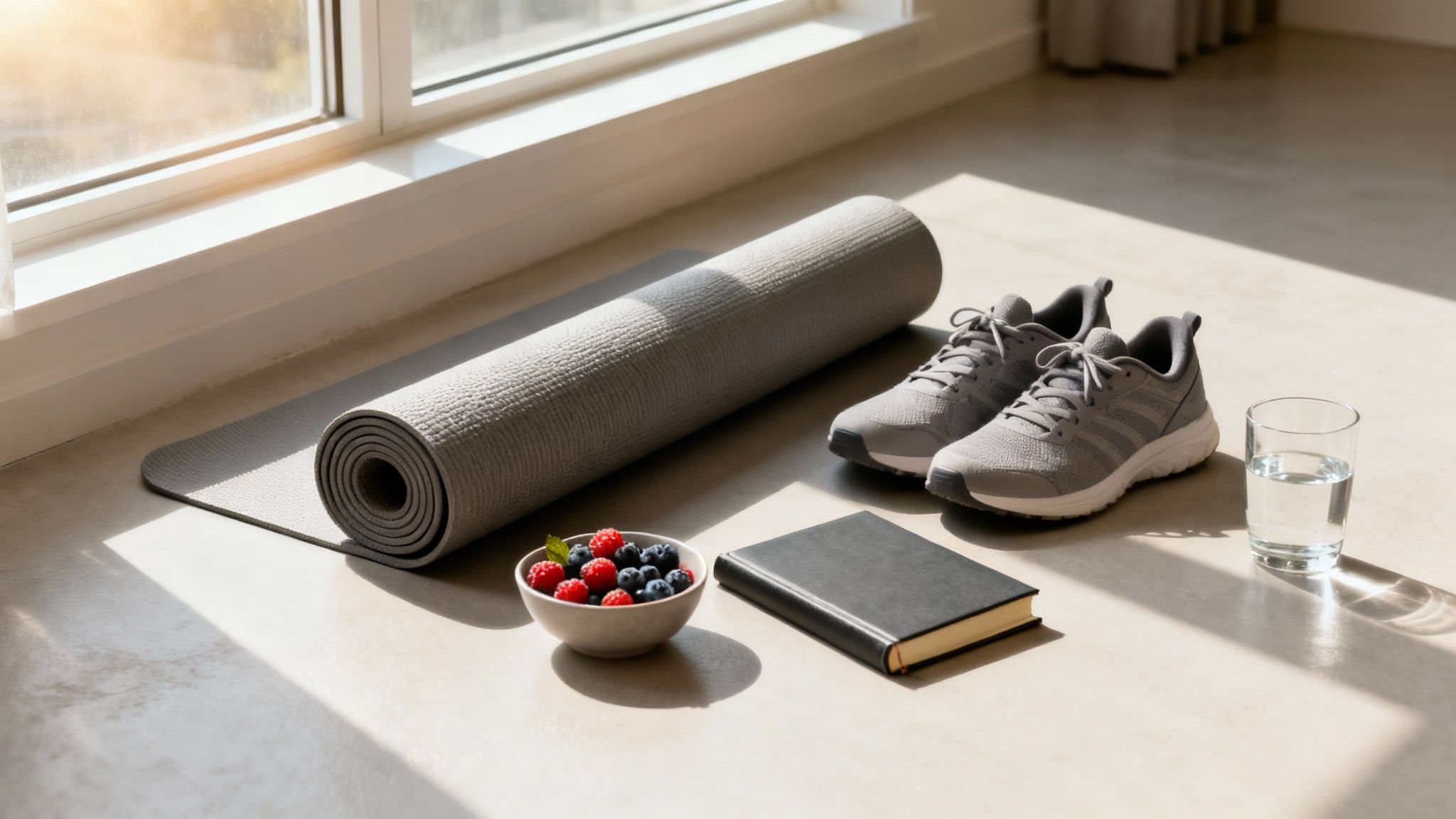 Workout essentials: yoga mat, running shoes, berries, book, and water by a sunlit window.