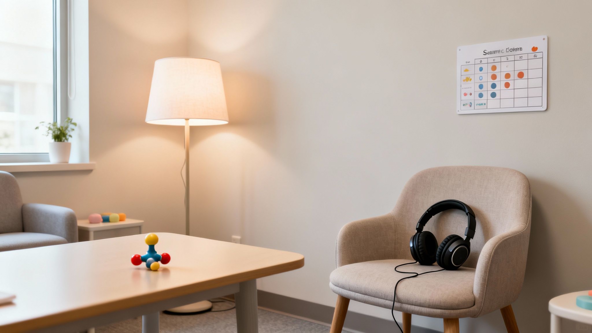 A welcoming therapy room with a molecular model, headphones, and a reward chart on the wall.