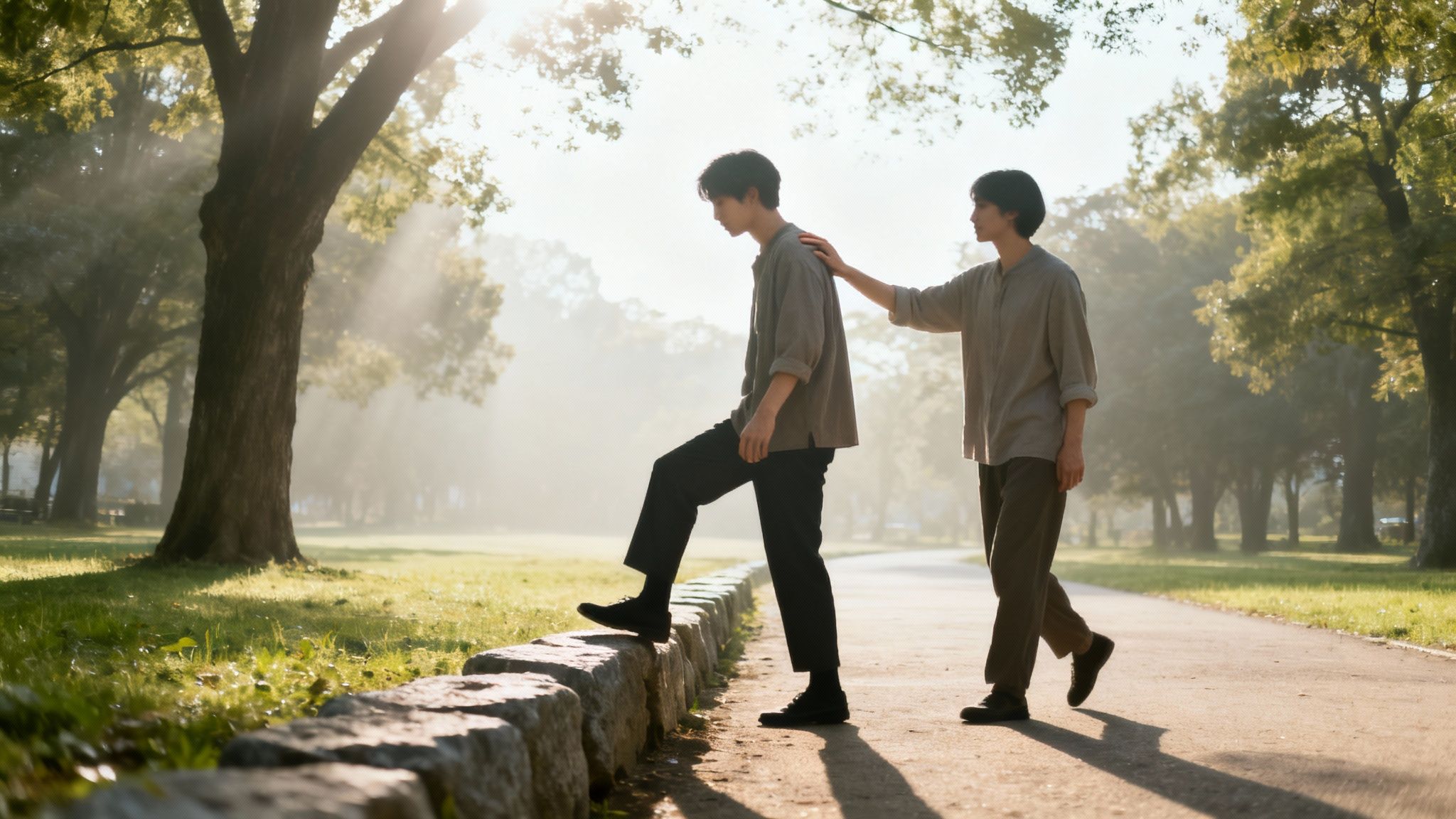 Two young men in a sunny park, one offering support to the other as he steps on a low wall.
