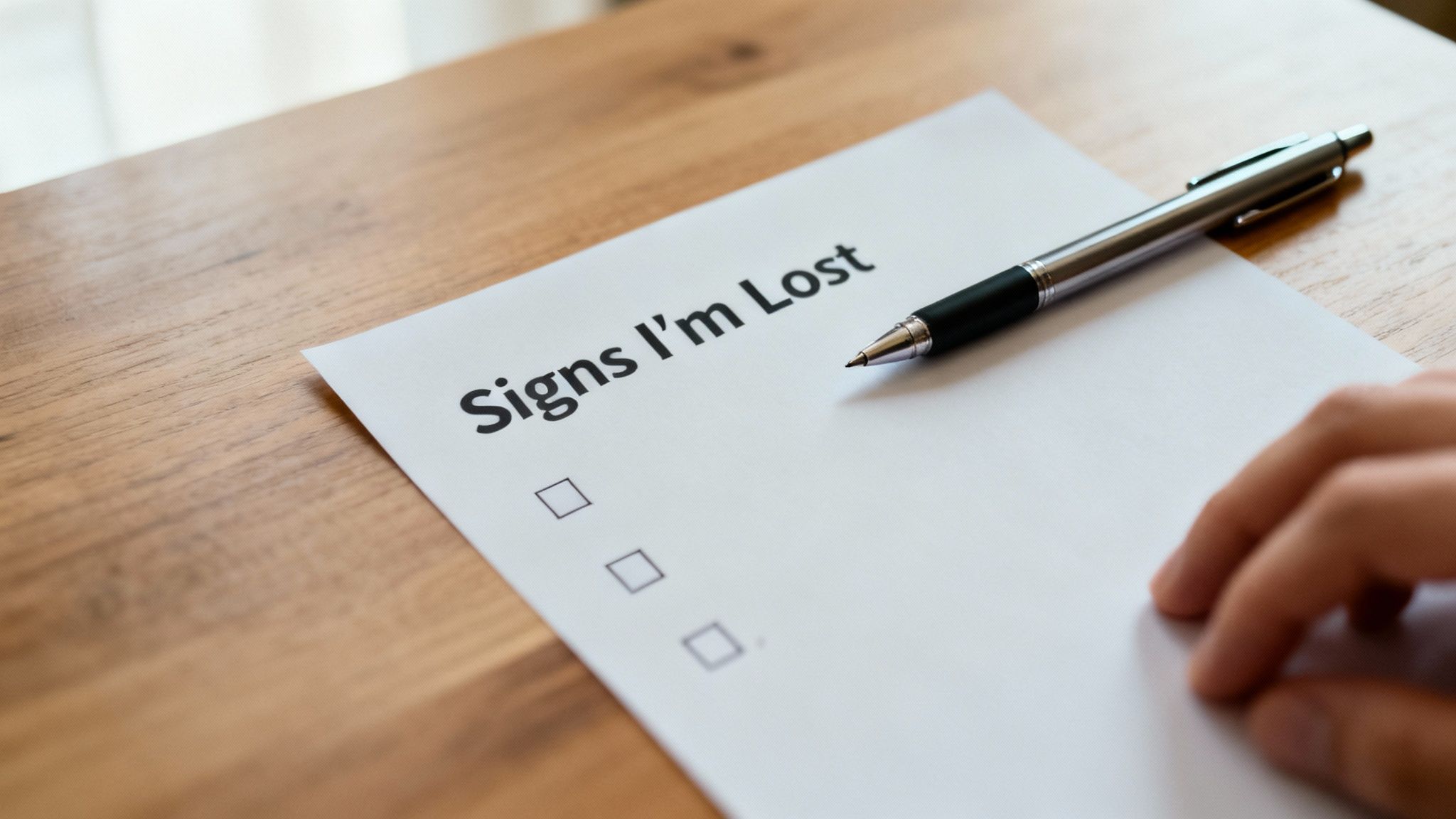 A checklist titled 'Signs I'm Lost' with empty checkboxes and a pen on a wooden table.