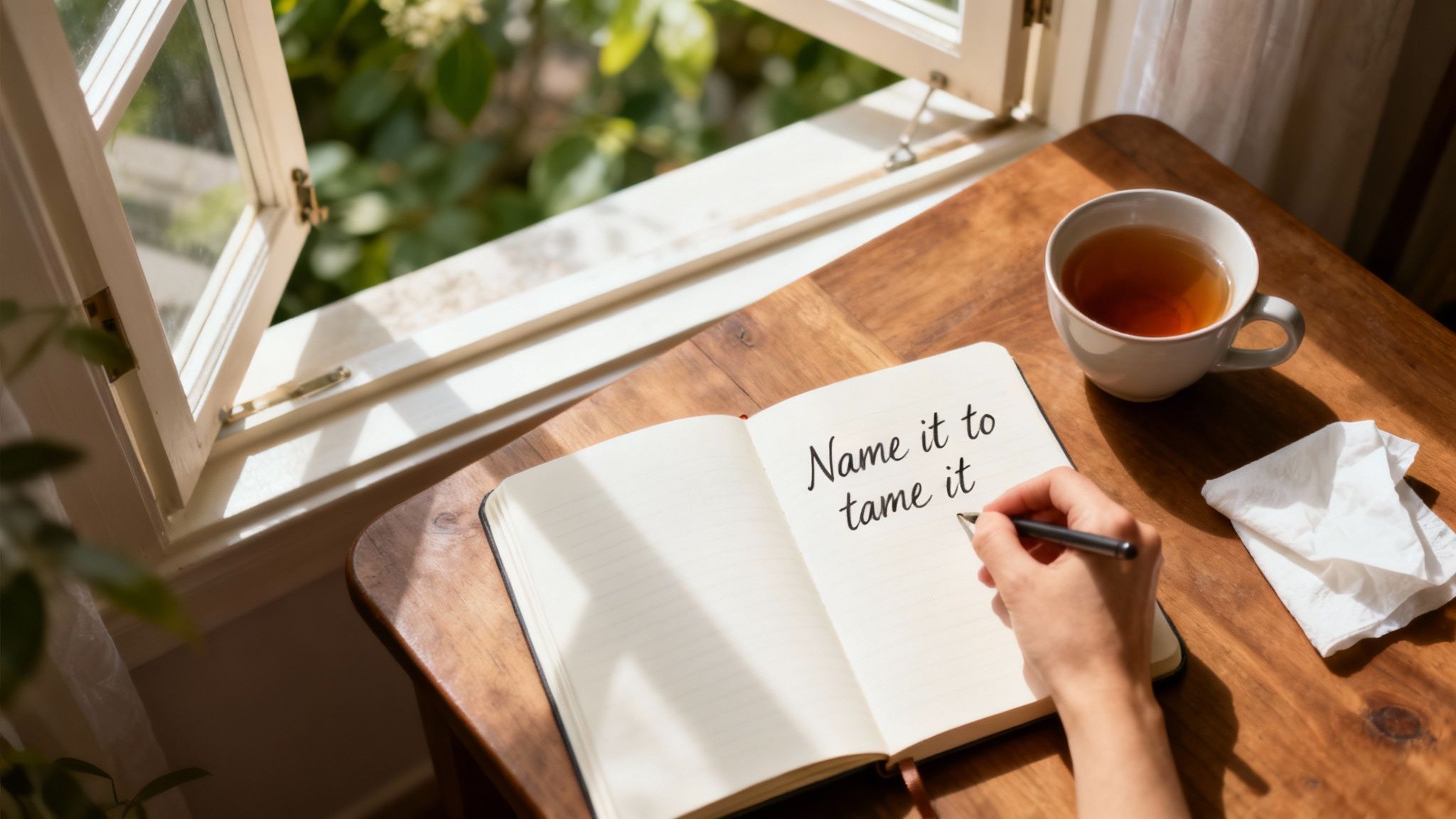 A person journaling in a notebook, representing a healthy way to process and release emotions.