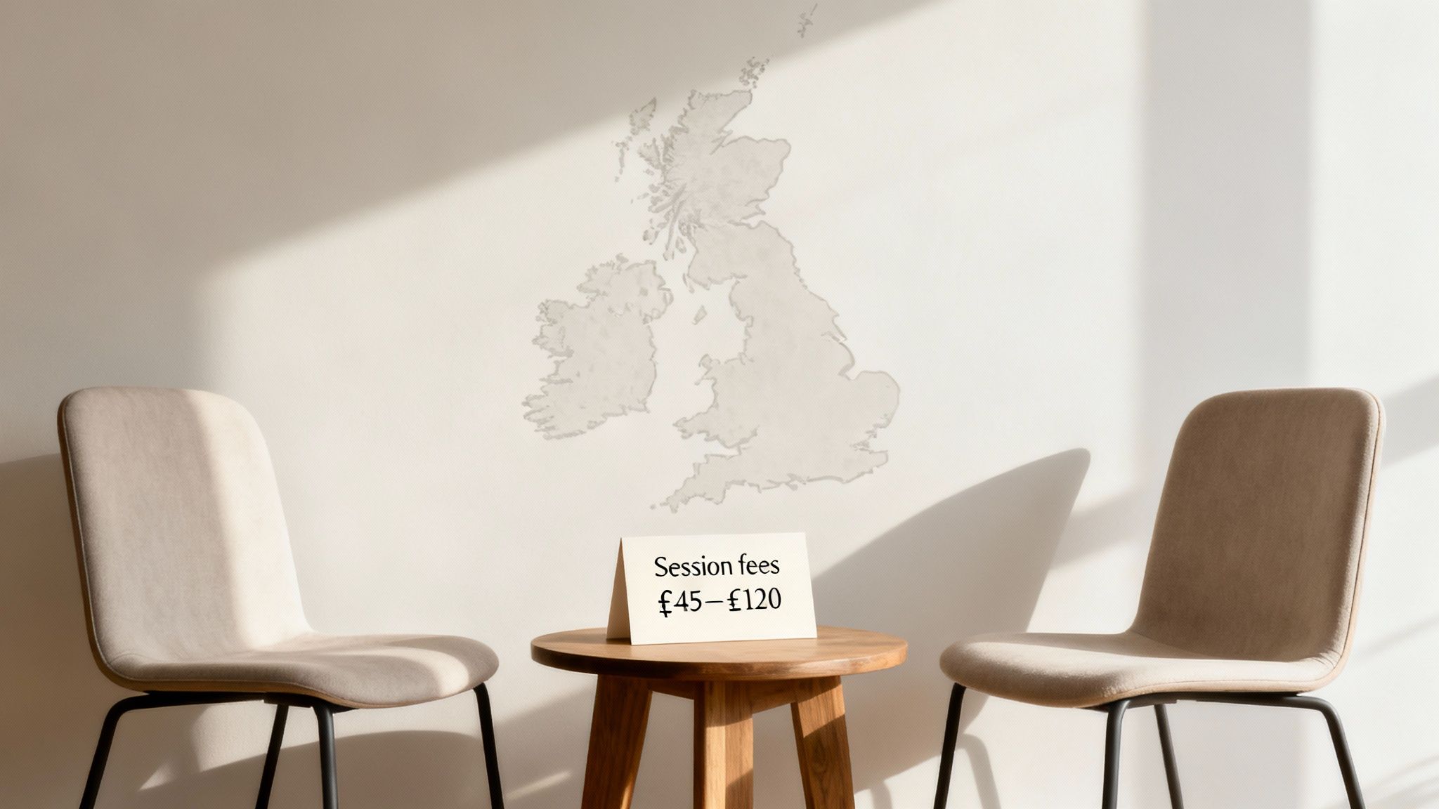 Two chairs and a table with a 'Session fees £45-£120' sign, against a wall featuring a map of the British Isles.