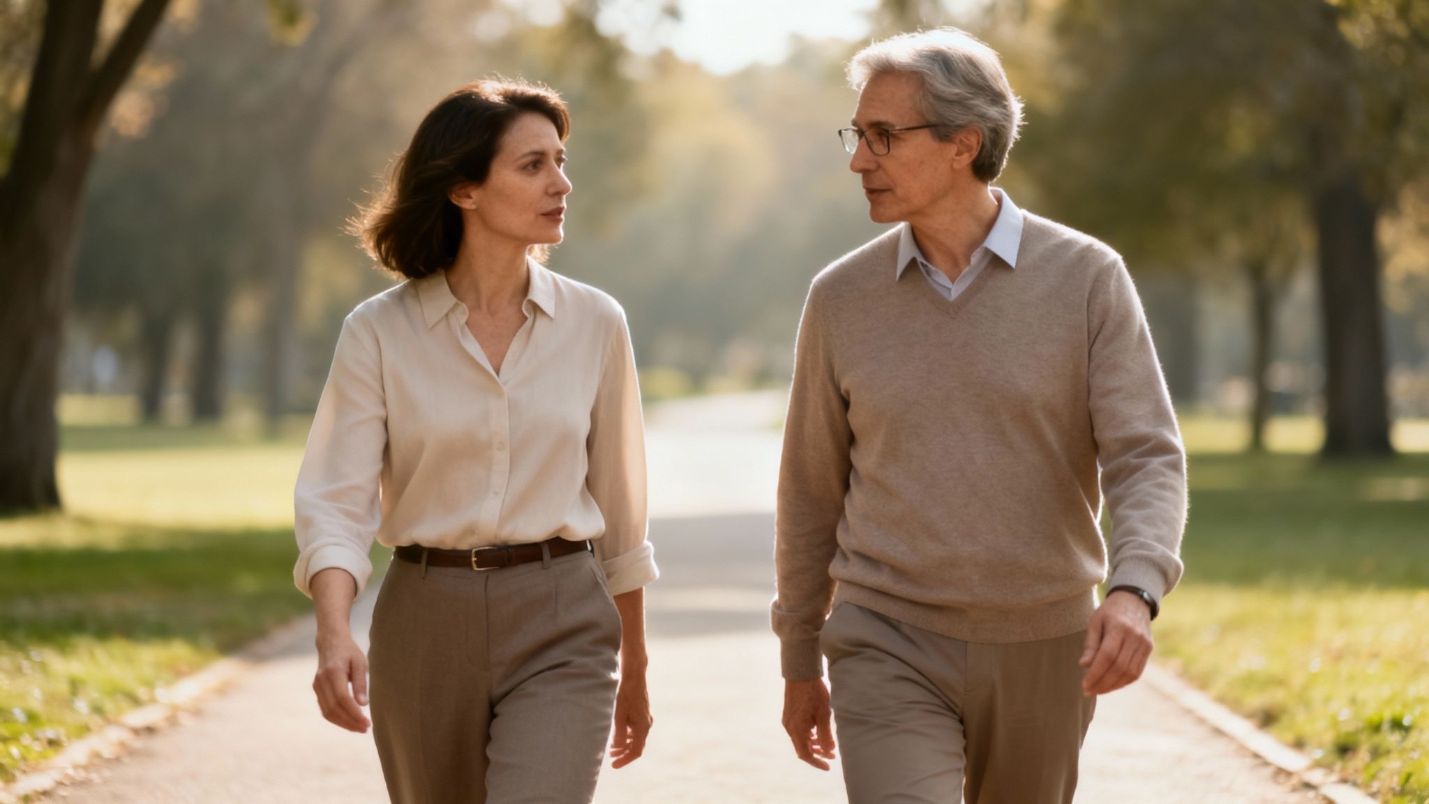 A mature couple walks and talks in a sunny park, engaged in a serious discussion.