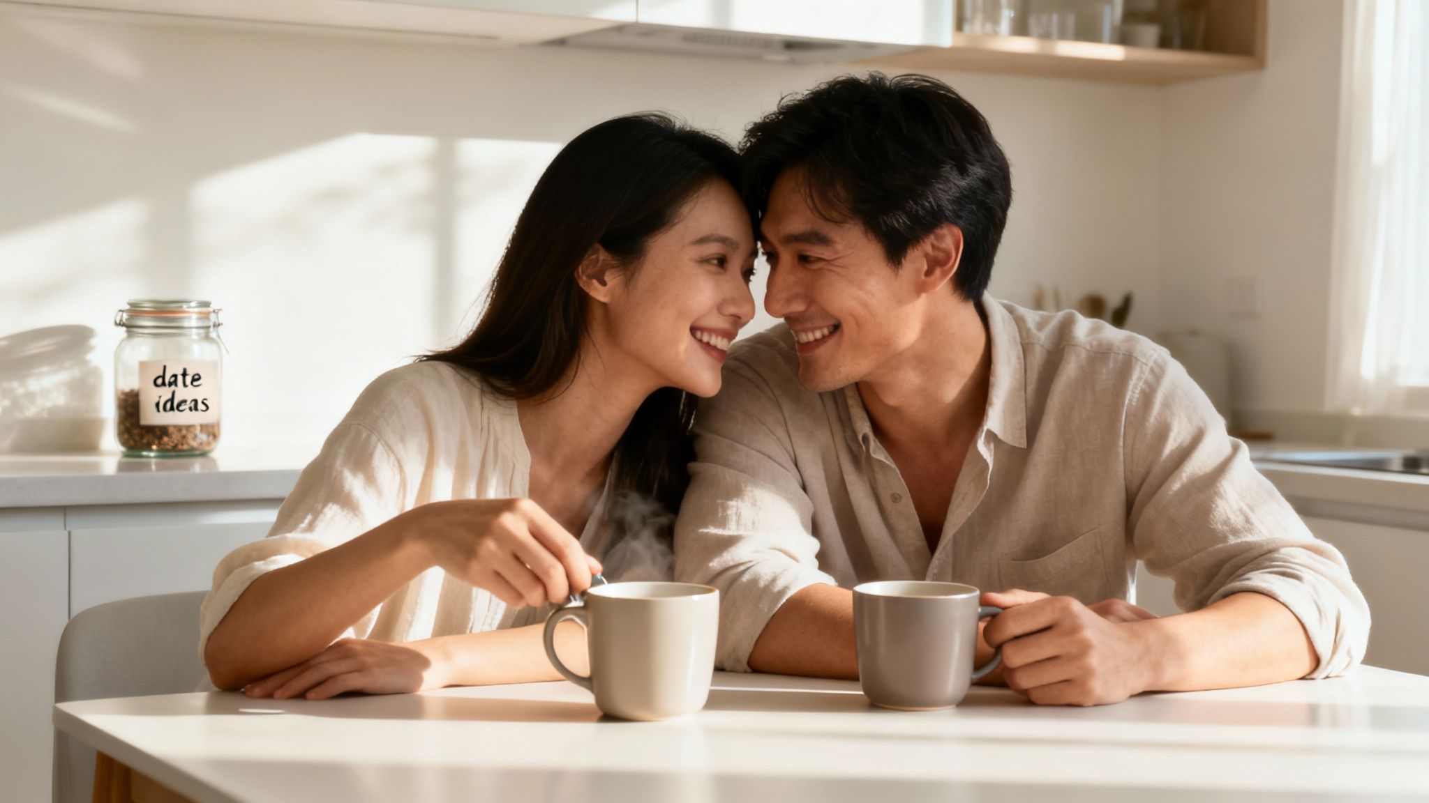 A happy Asian couple smiling at each other while enjoying coffee at a kitchen table.