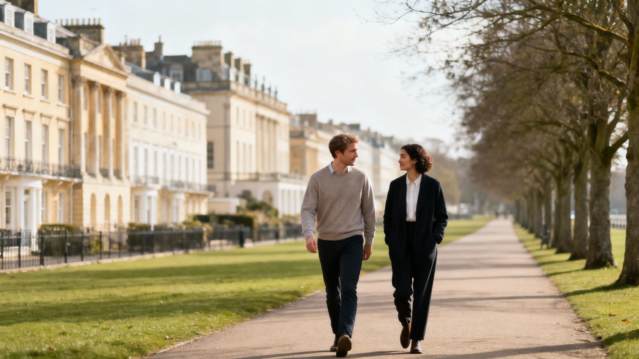 Two well-dressed professionals walk and talk on a tree-lined path next to classical buildings.