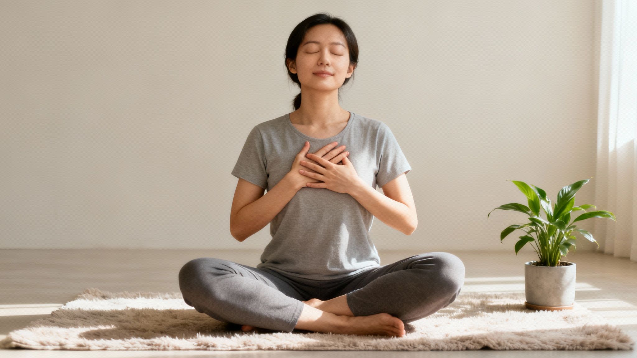 Young Asian woman meditating calmly in a sunlit room, hands over heart.