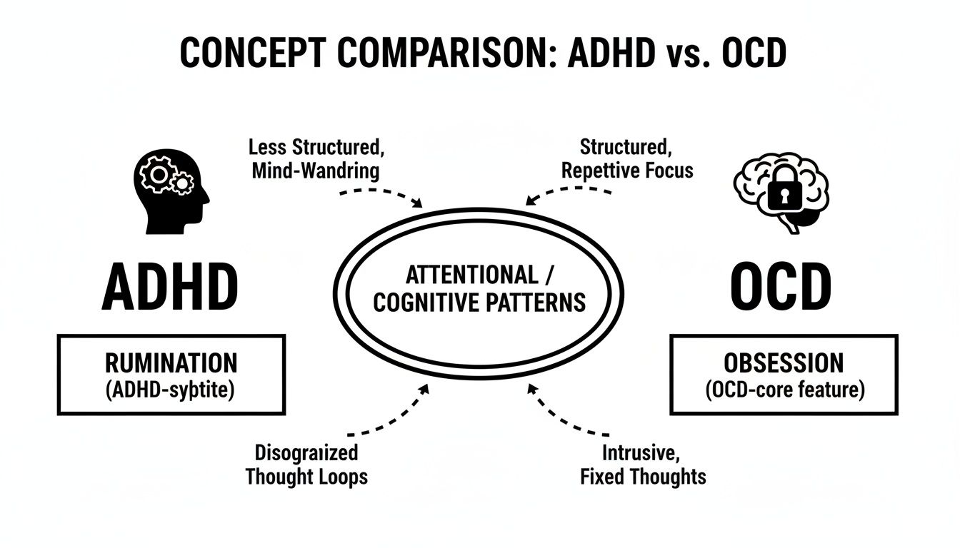 Diagram comparing ADHD and OCD, illustrating their distinct attentional and cognitive patterns, including rumulation and obsession.
