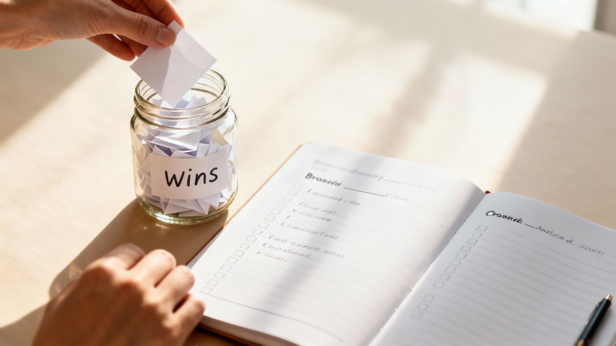 A hand placing a folded white paper into a clear glass jar labeled 'Wins' next to an open notebook.