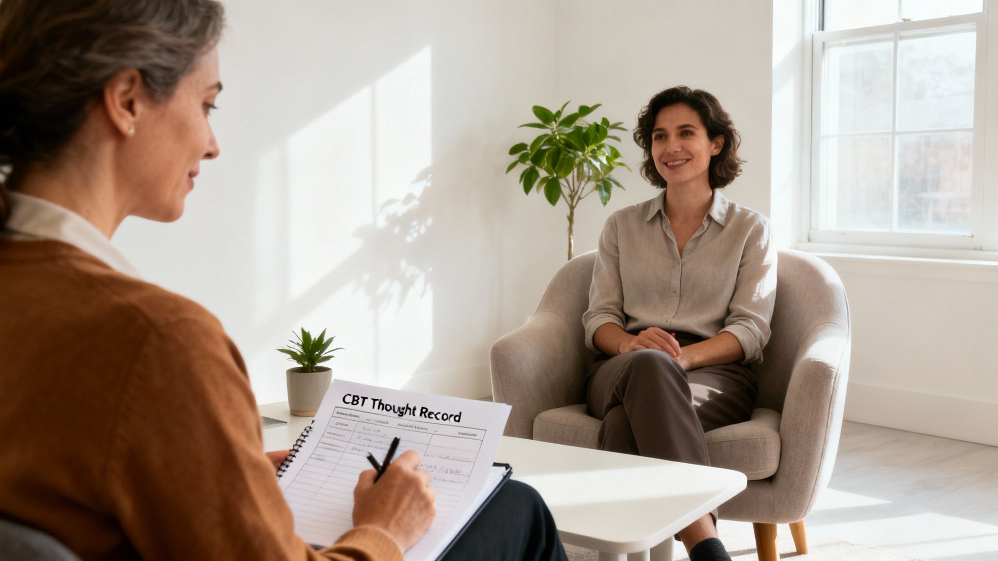 A therapist writes on a CBT Thought Record during a therapy session with a smiling client.