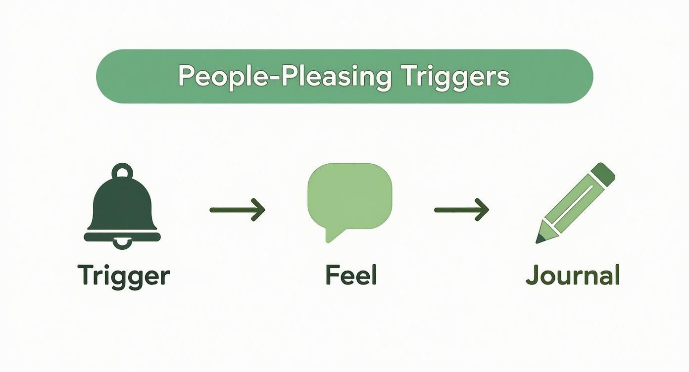 Flowchart showing people-pleasing triggers pathway from bell notification to feelings to journaling for self-reflection