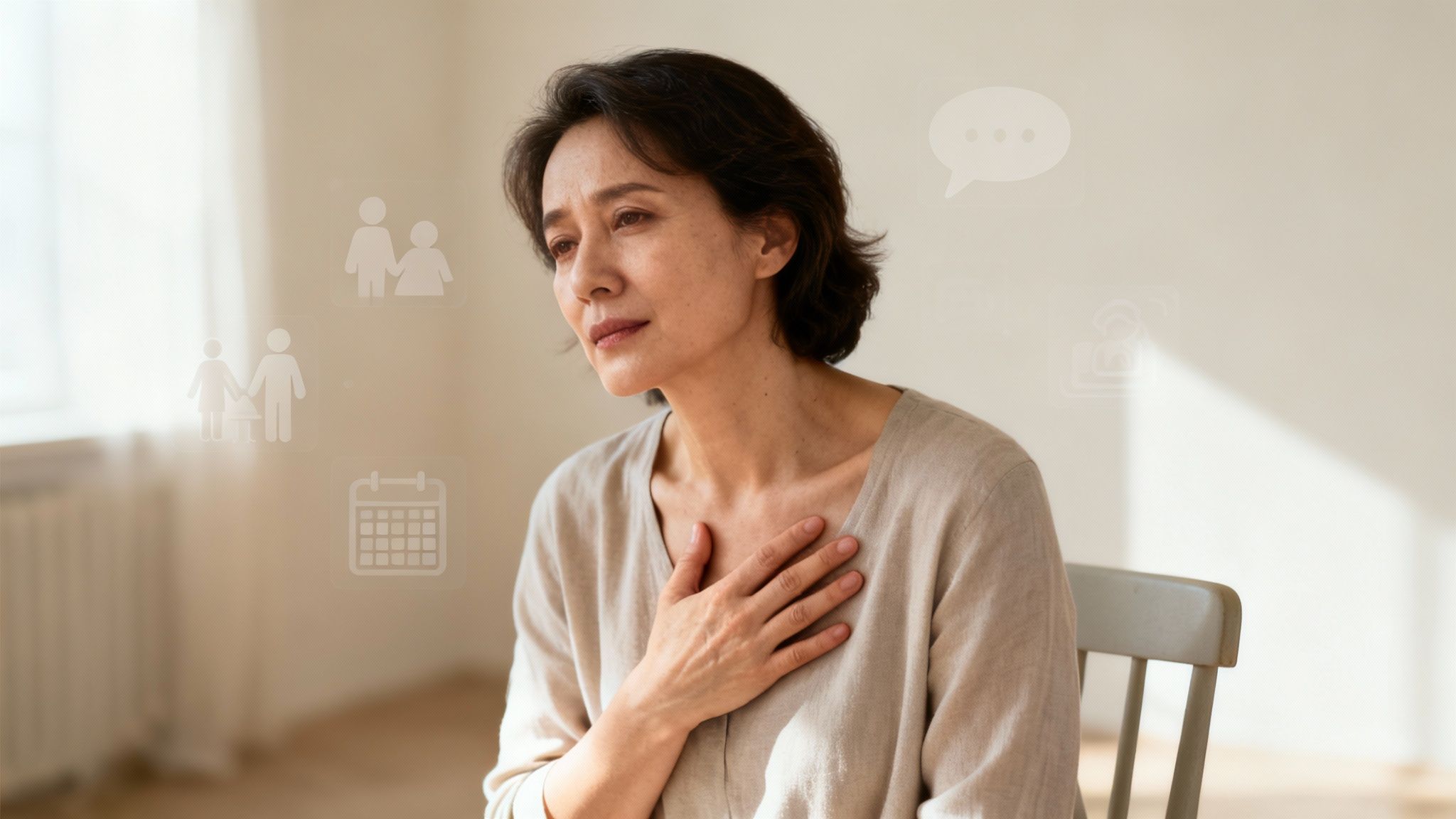 An older Asian woman looks distressed, holding her chest, with faint family and calendar icons visible.