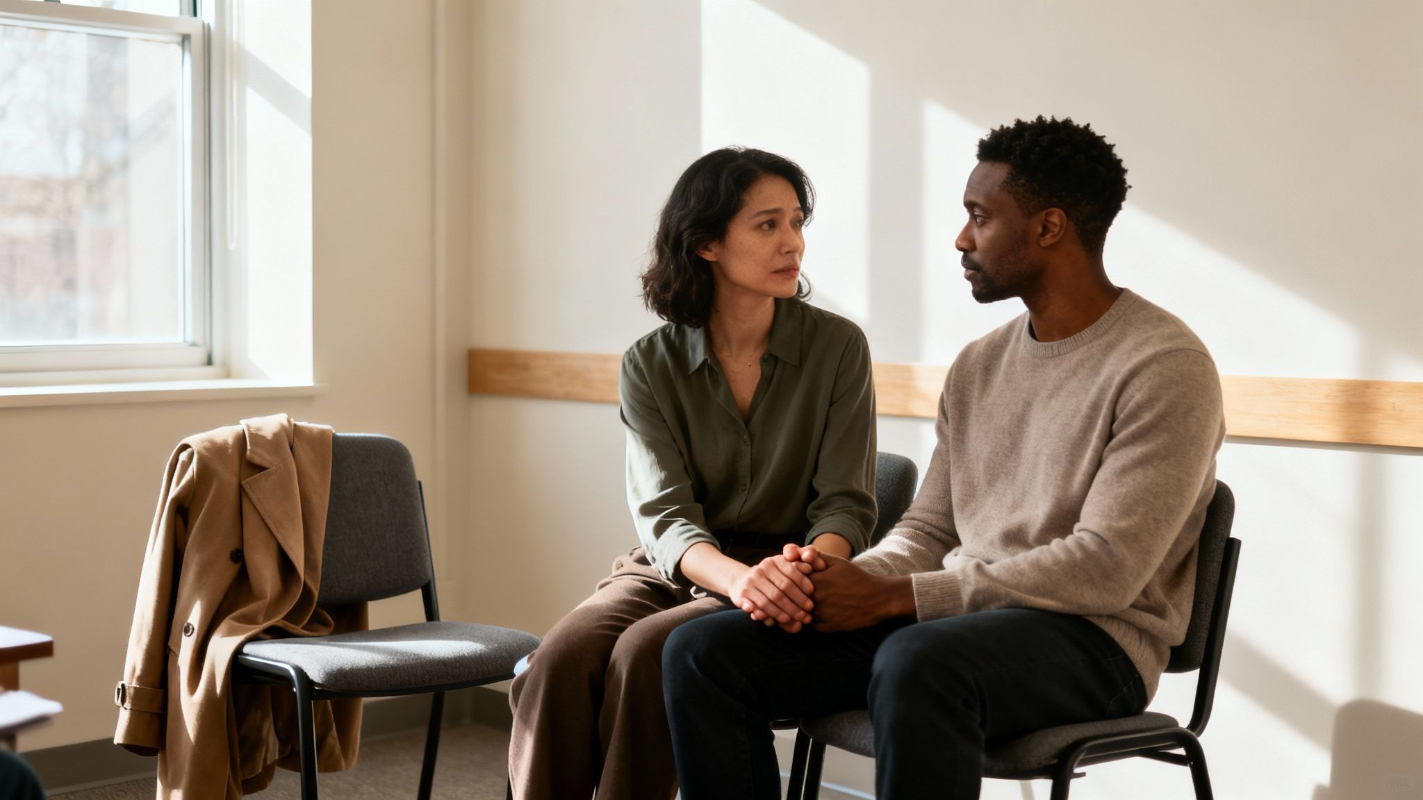 A supportive couple, an Asian woman and a Black man, hold hands during a serious conversation.
