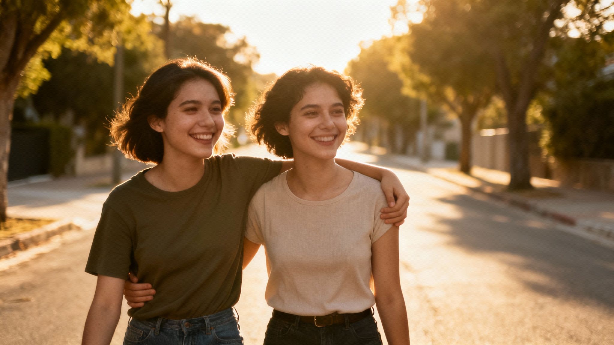 Two smiling young women walk arm-in-arm down a sunlit street, enjoying a friendly moment together.