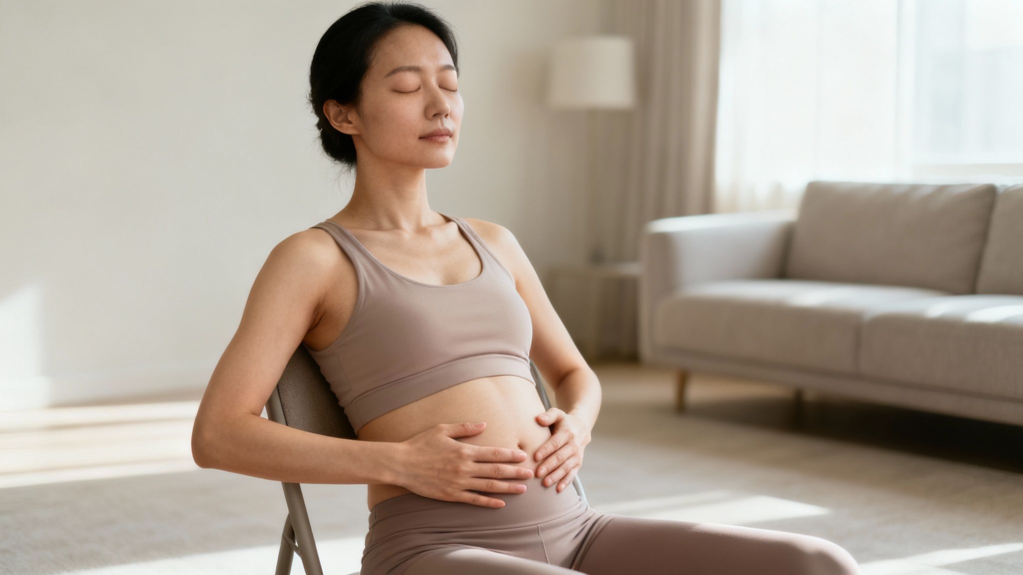 Young Asian woman in activewear practicing mindfulness and deep breathing while sitting calmly.