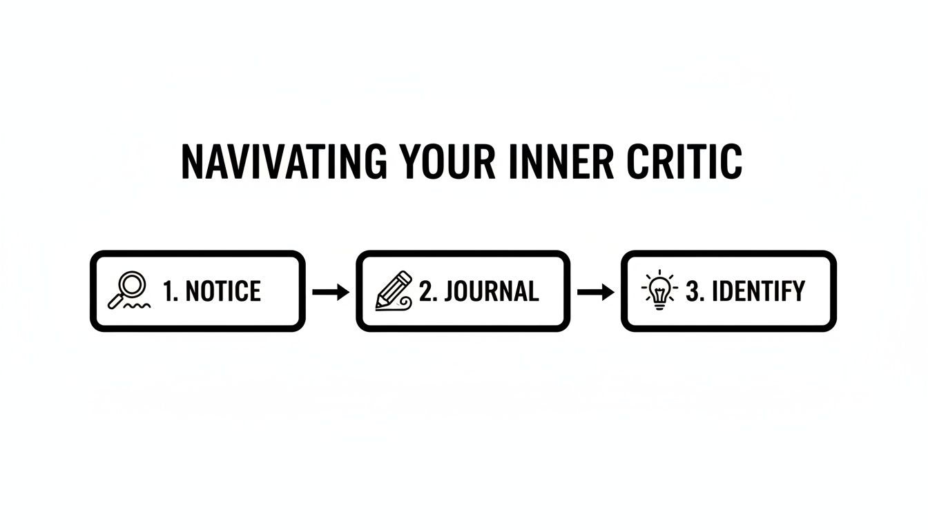 A three-step process flowchart on navigating your inner critic: 1. Notice, 2. Journal, 3. Identify.