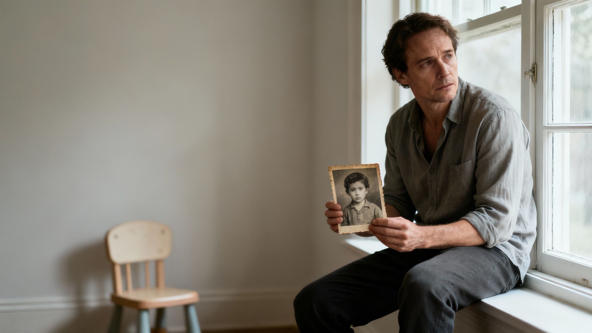 A man sits by a window, holding an old photo of a young boy, looking reflective.