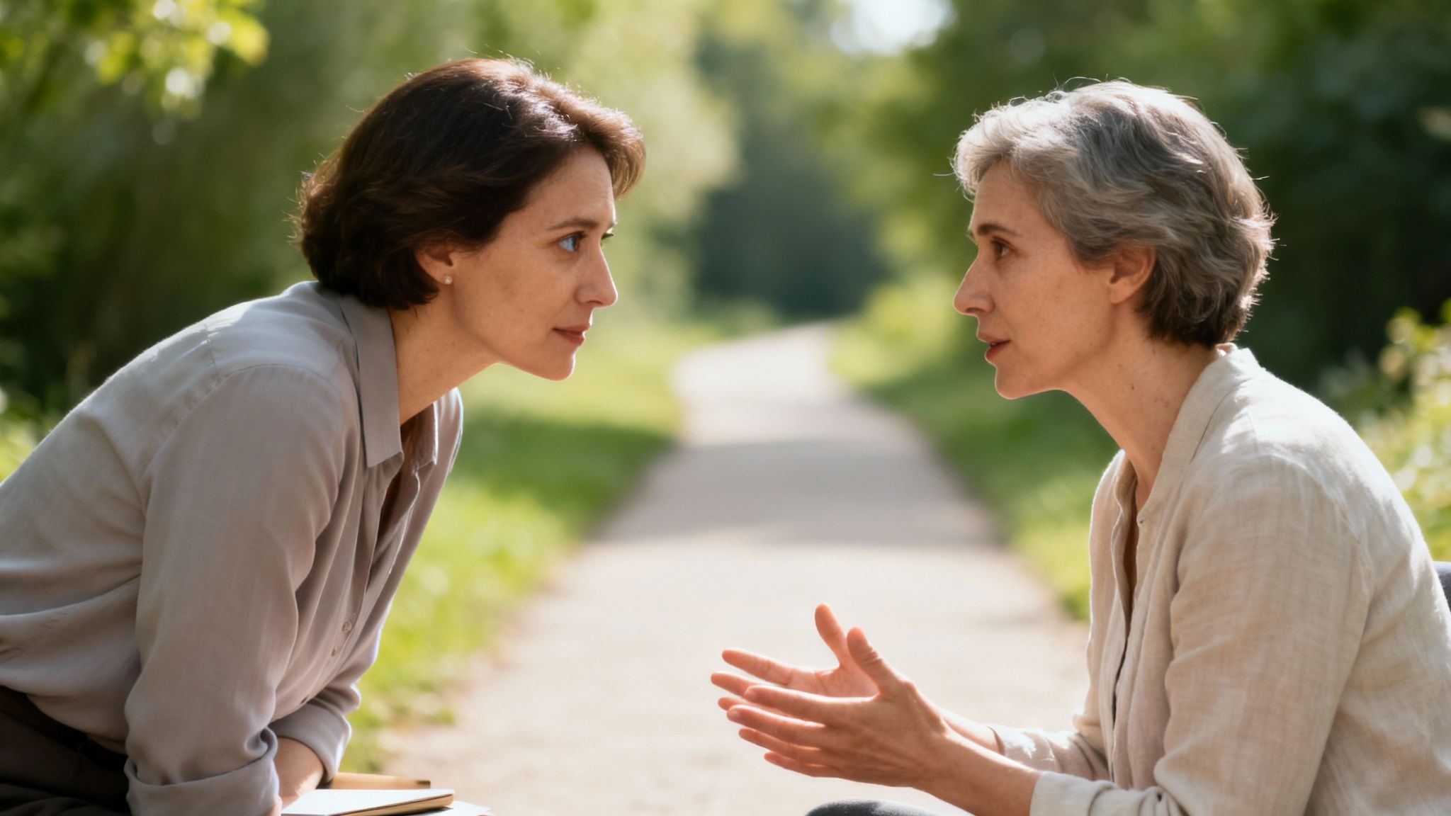 Two women engaged in a deep conversation outdoors in nature with a path in the background.