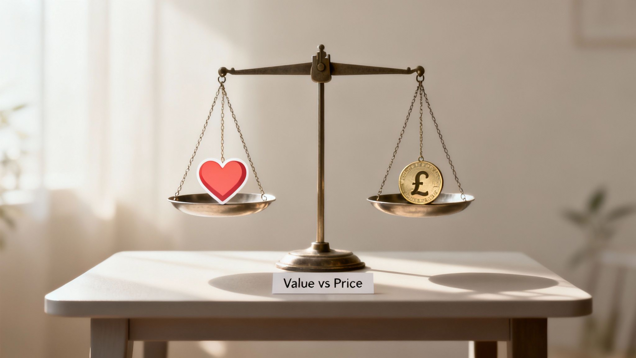 A balanced scale with a red heart on one side and a pound coin on the other, representing value vs price.
