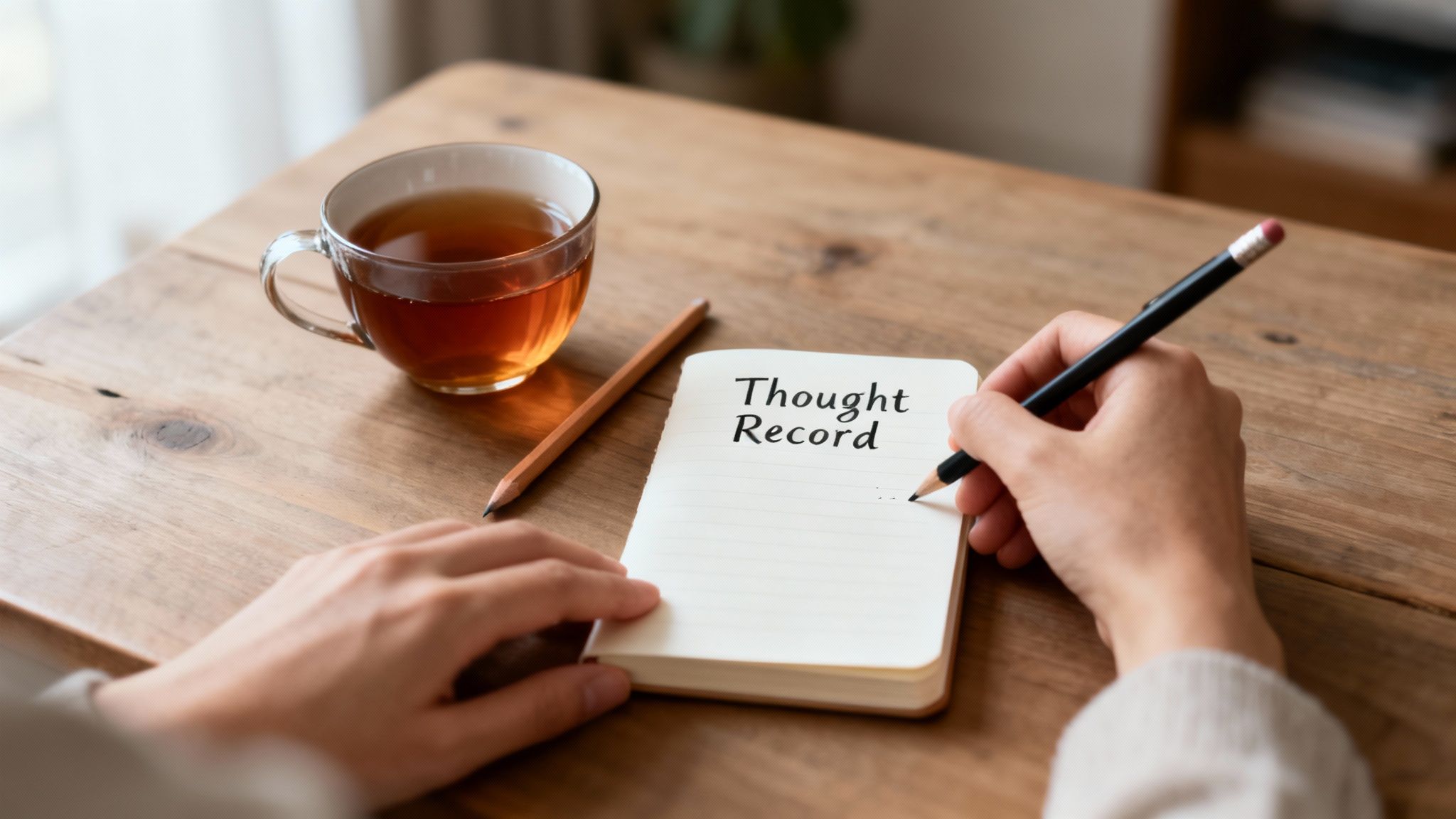 Close-up of a person writing 'Thought Record' in a notebook with a pencil, next to a cup of tea on a wooden table.