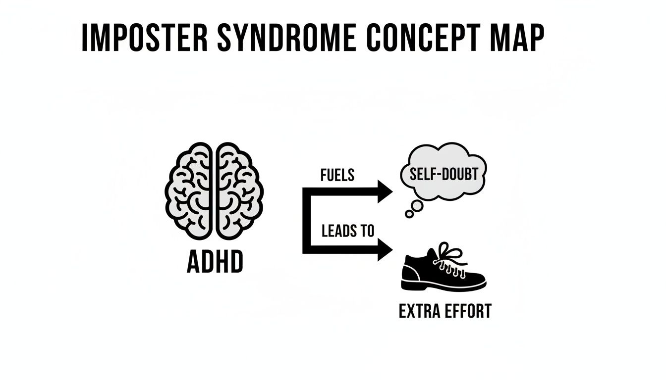 A concept map illustrating how ADHD fuels self-doubt and leads to extra effort, relating to imposter syndrome.