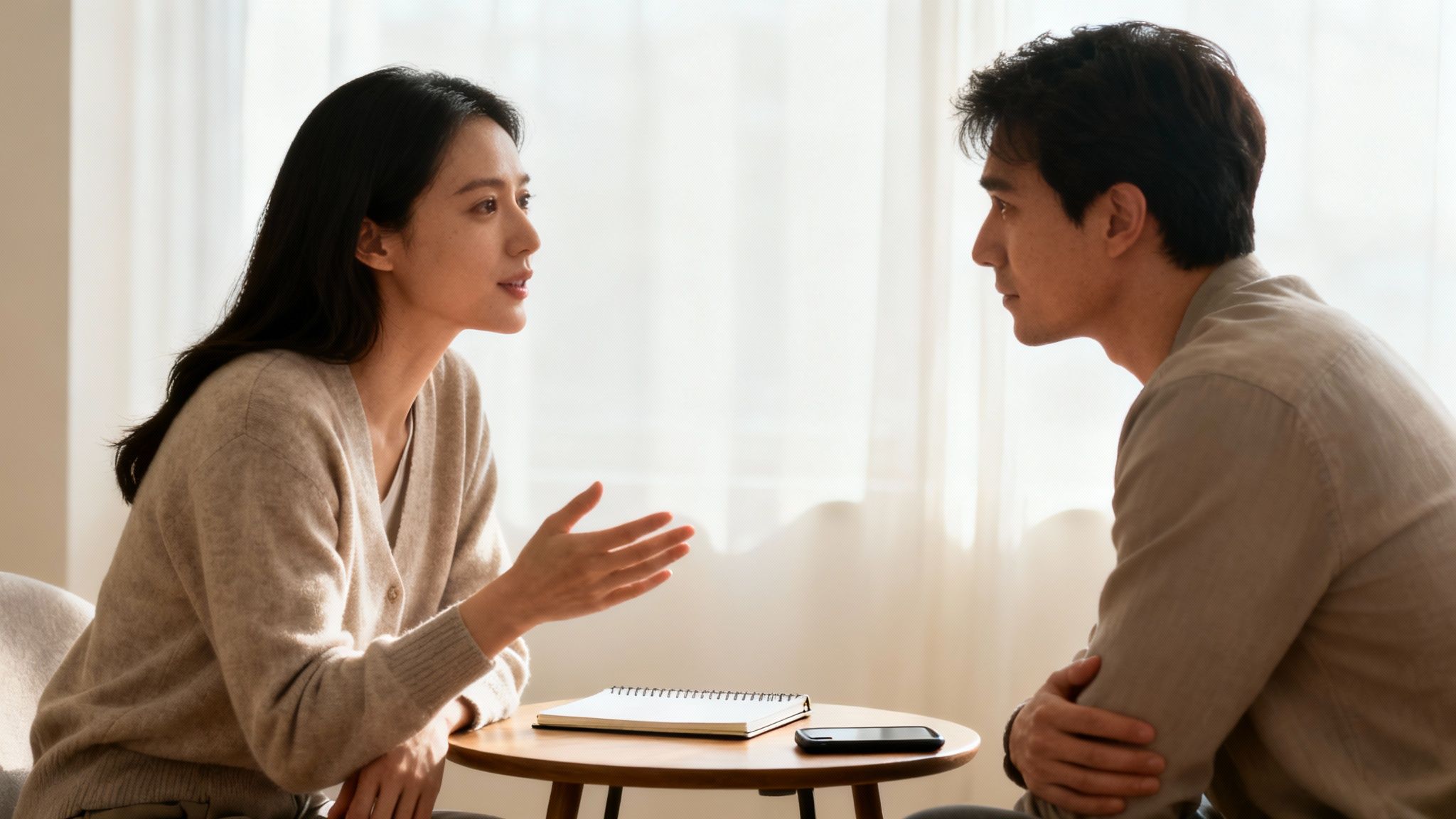 An Asian couple sits facing each other at a table, engaging in a serious conversation.